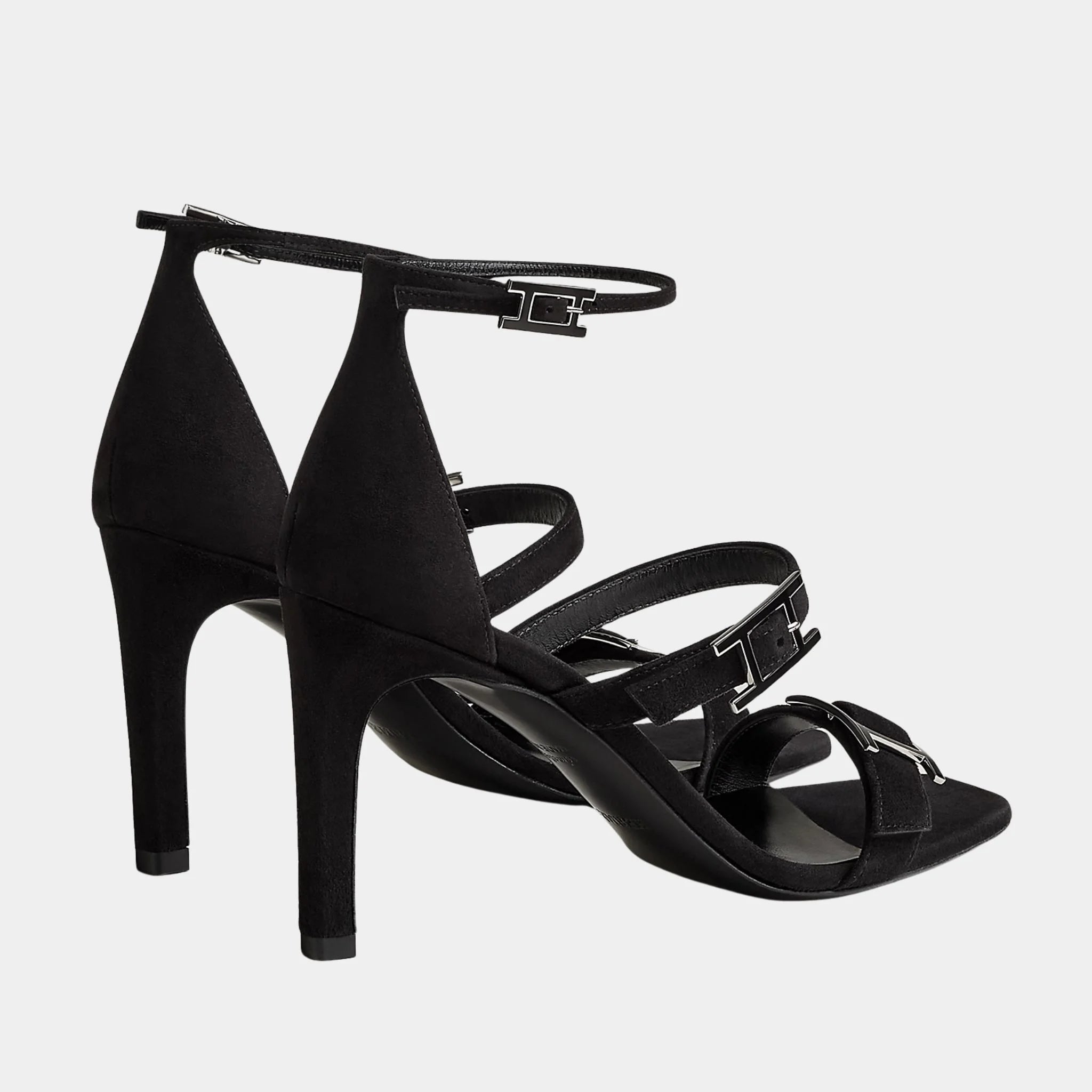 Hermes Liv 90 High Heel Sandal in Suede Goatskin, Noir, Back