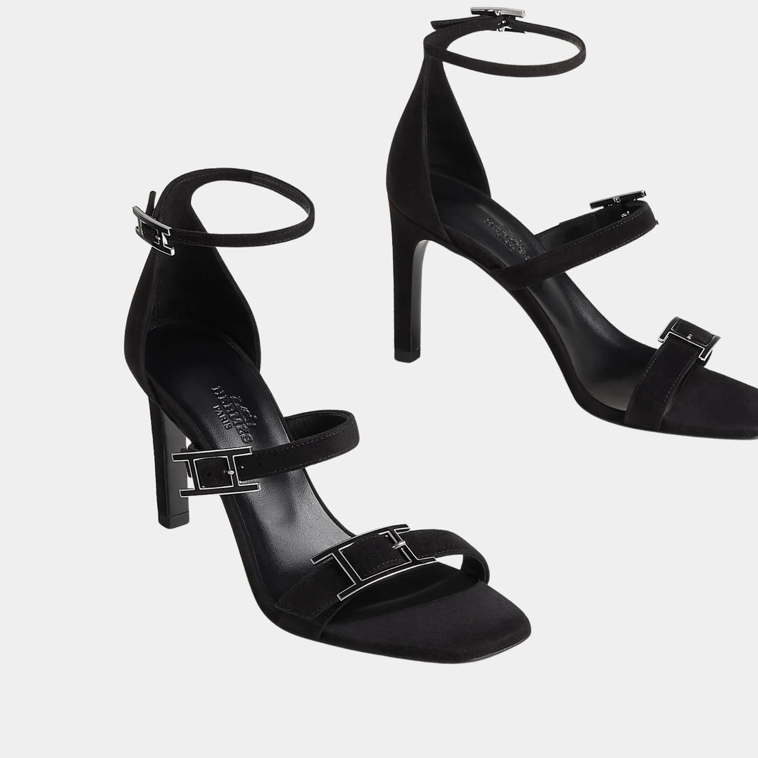 Hermes Liv 90 High Heel Sandal in Suede Goatskin, Noir, Front