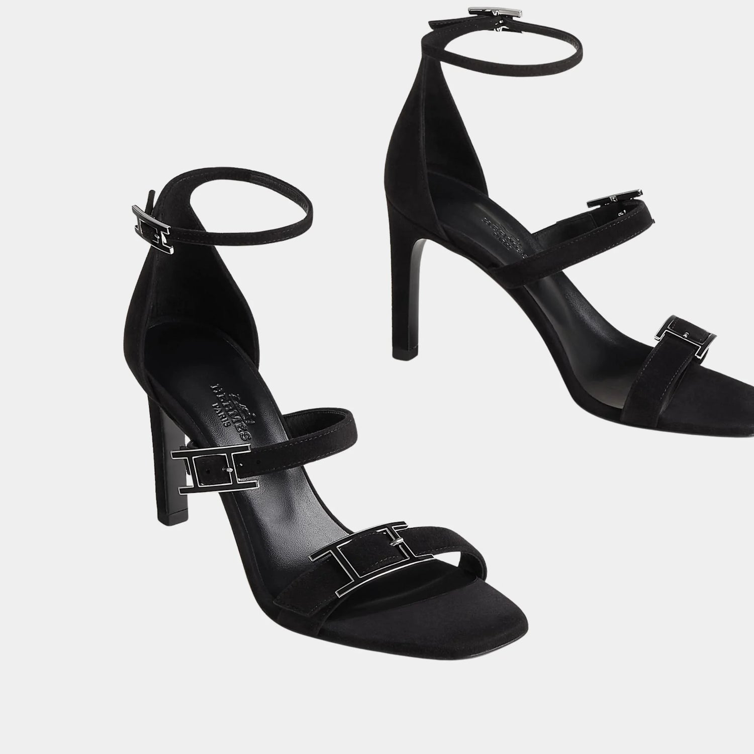 Hermes Liv 90 High Heel Sandal in Suede Goatskin, Noir, Front