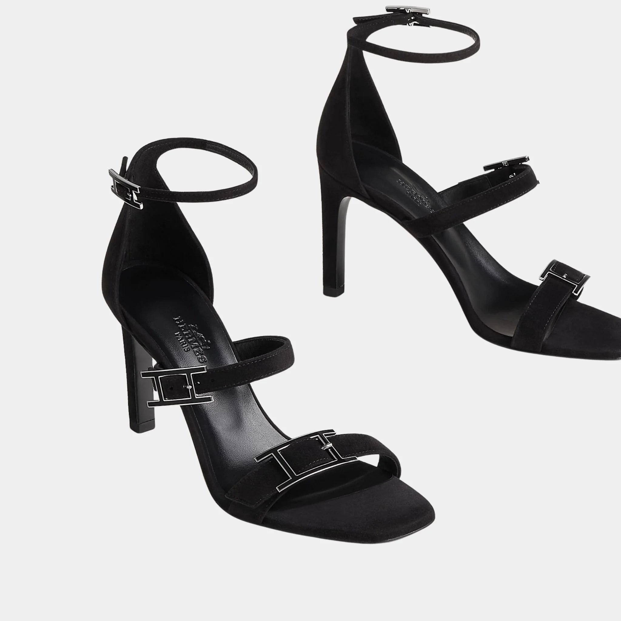 Hermes Liv 90 High Heel Sandal in Suede Goatskin, Noir, Front