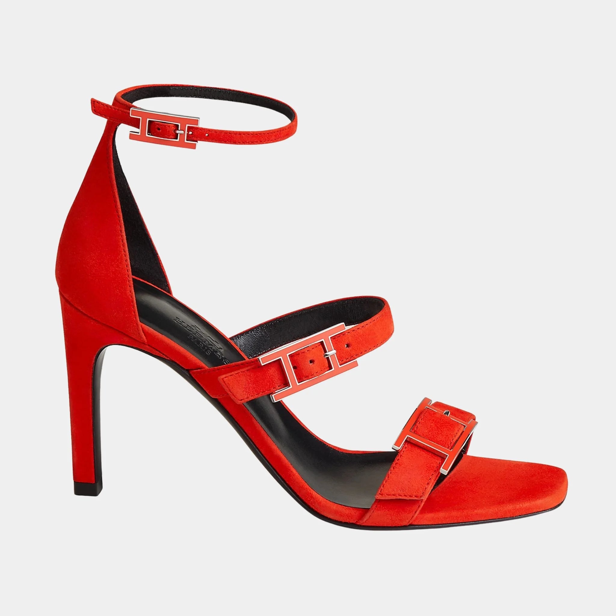 Hermes Liv 90 High Heel Sandal in Suede Goatskin, Rouge Grenadine, Side