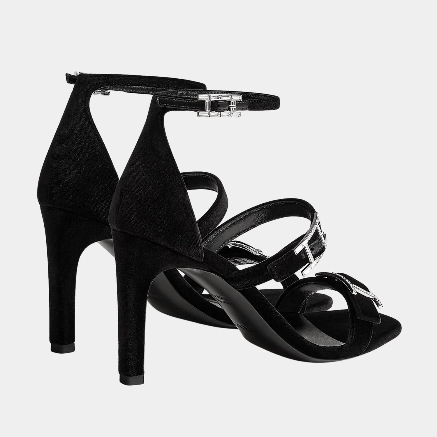 Hermes Liv 90 Sandals in Velvet Fabric, Noir, Back