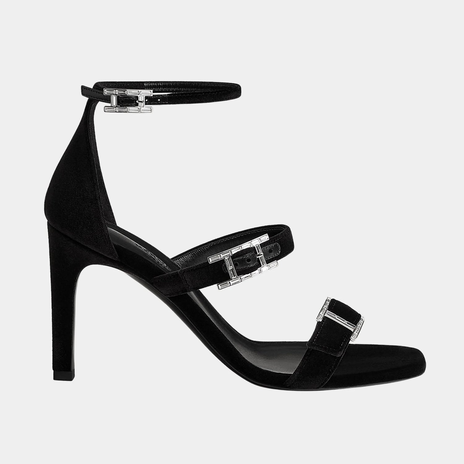Hermes Liv 90 Sandals in Velvet Fabric, Noir, SIde