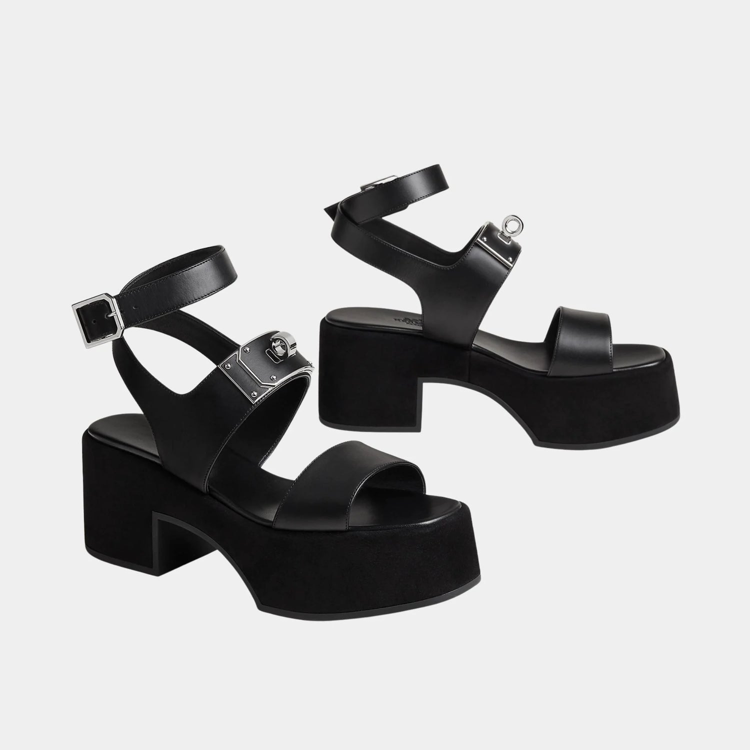 Hermes Lola 35 Heeled Sandals in Calfskin and Suede, Black, Front