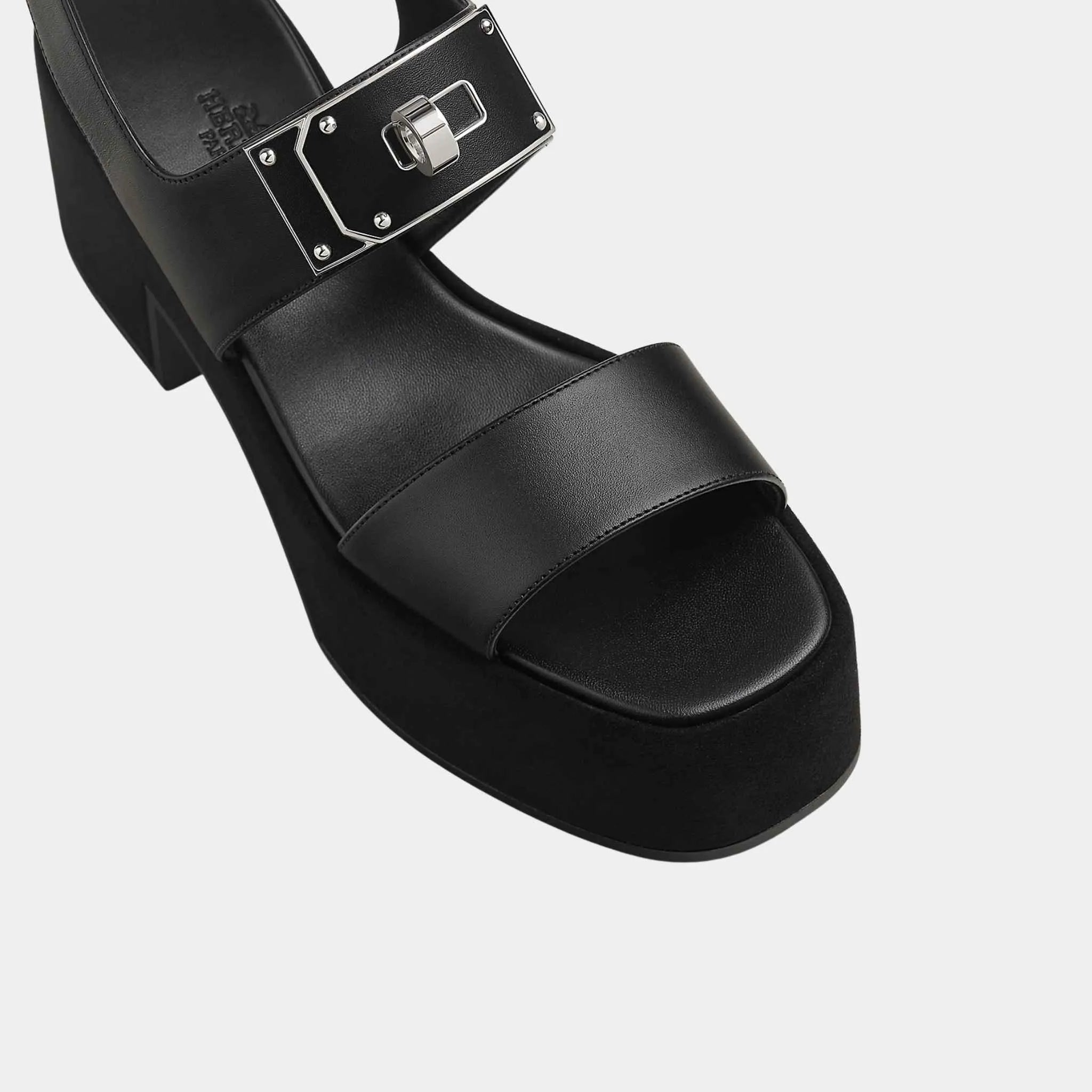 Hermes Lola 35 Heeled Sandals in Calfskin and Suede, Black, Top