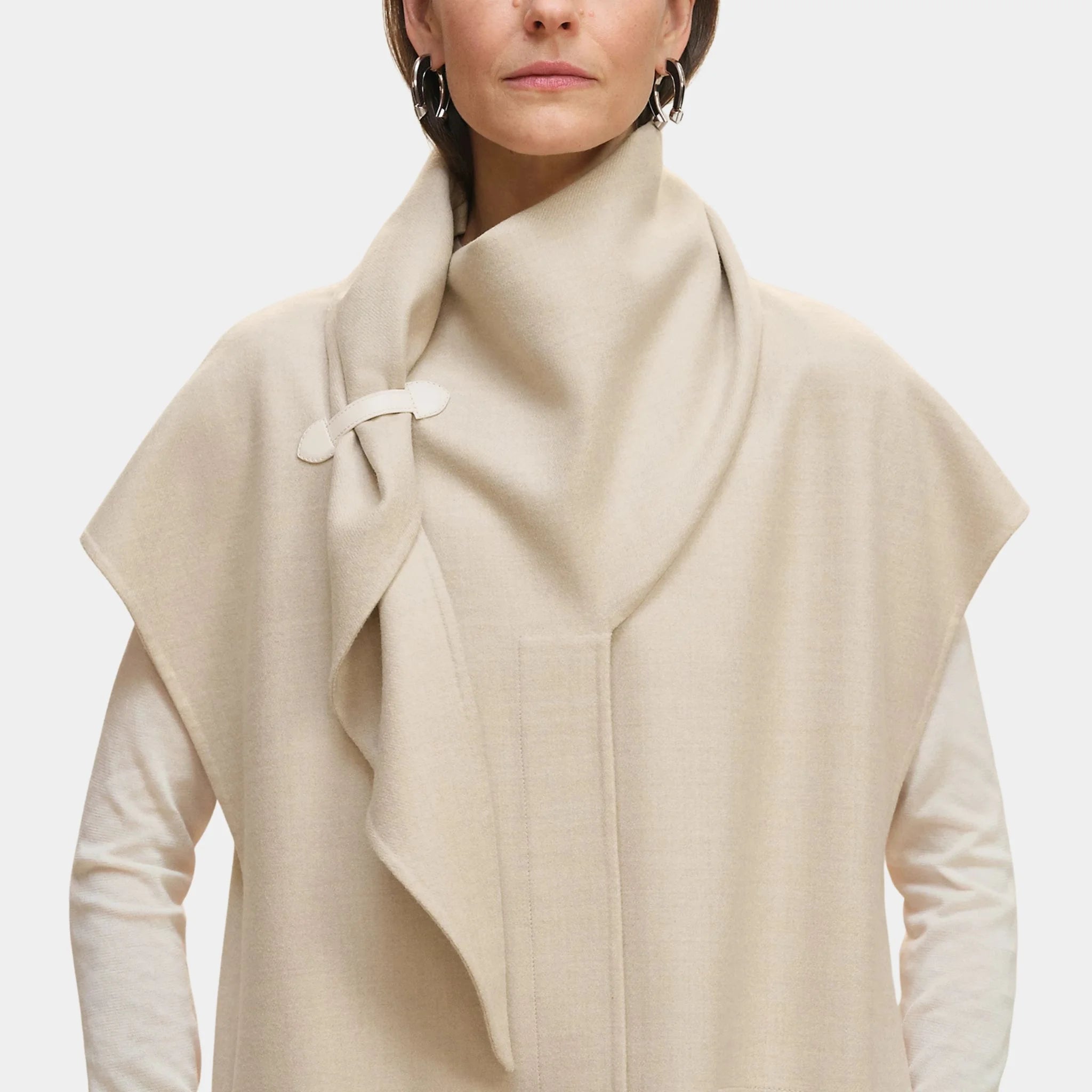 Hermes Long Cardigan with Draped Collar, Blanc Marbre, Close