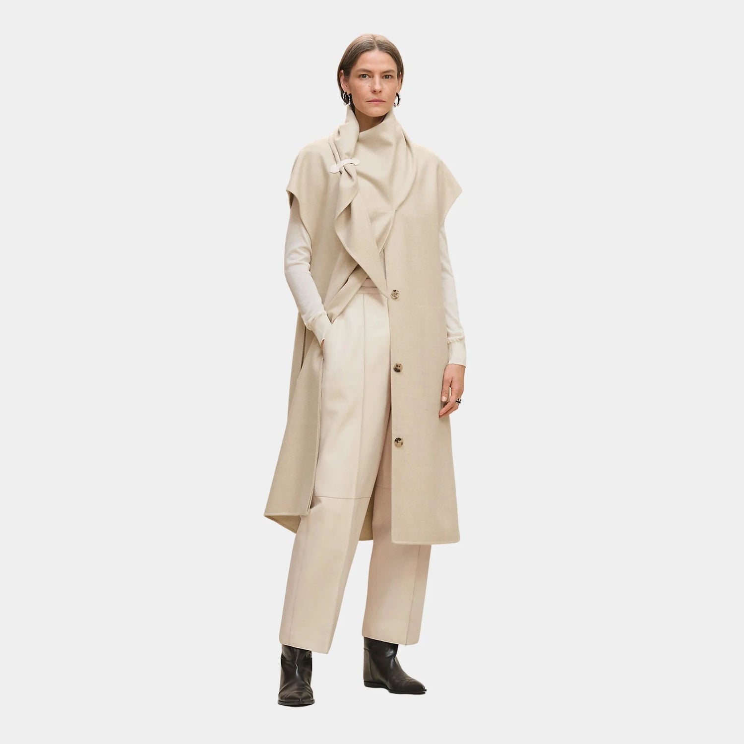 Hermes Long Cardigan with Draped Collar, Blanc Marbre, Front