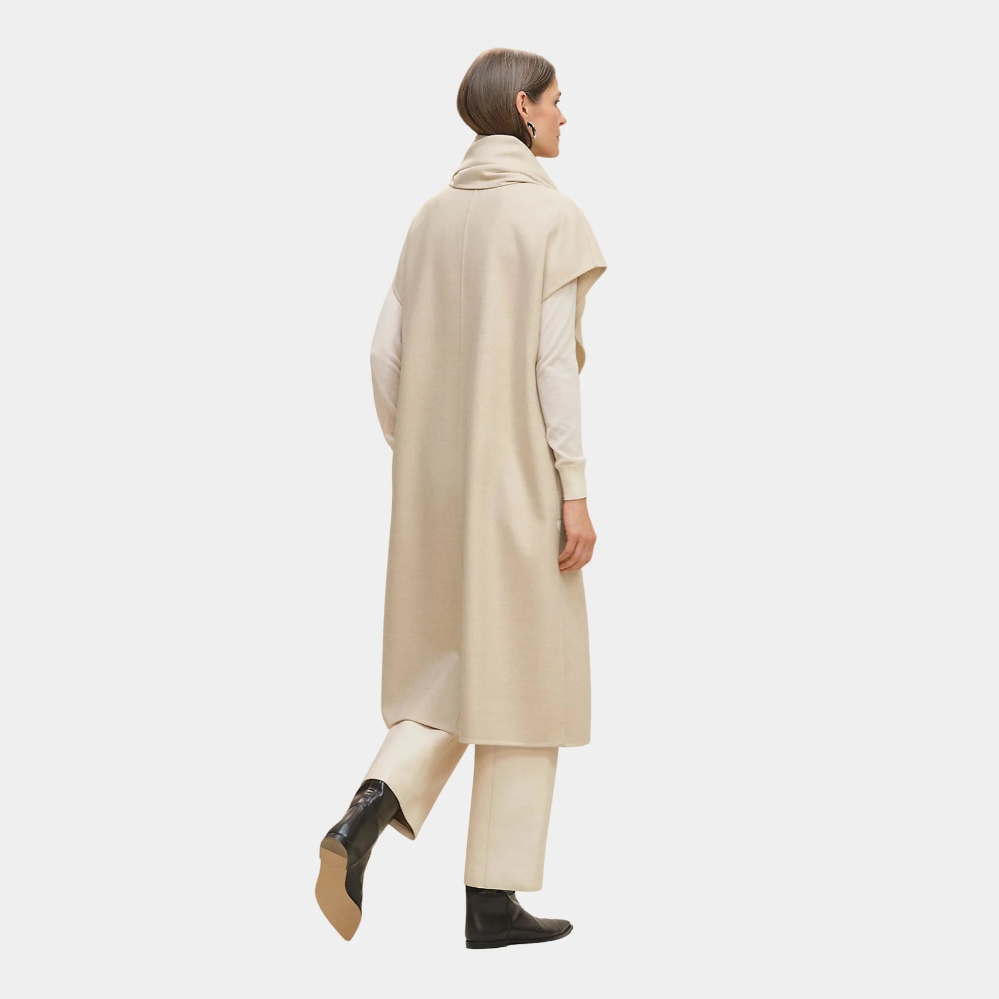 Hermes Long Cardigan with Draped Collar, Blanc Marbre, Side