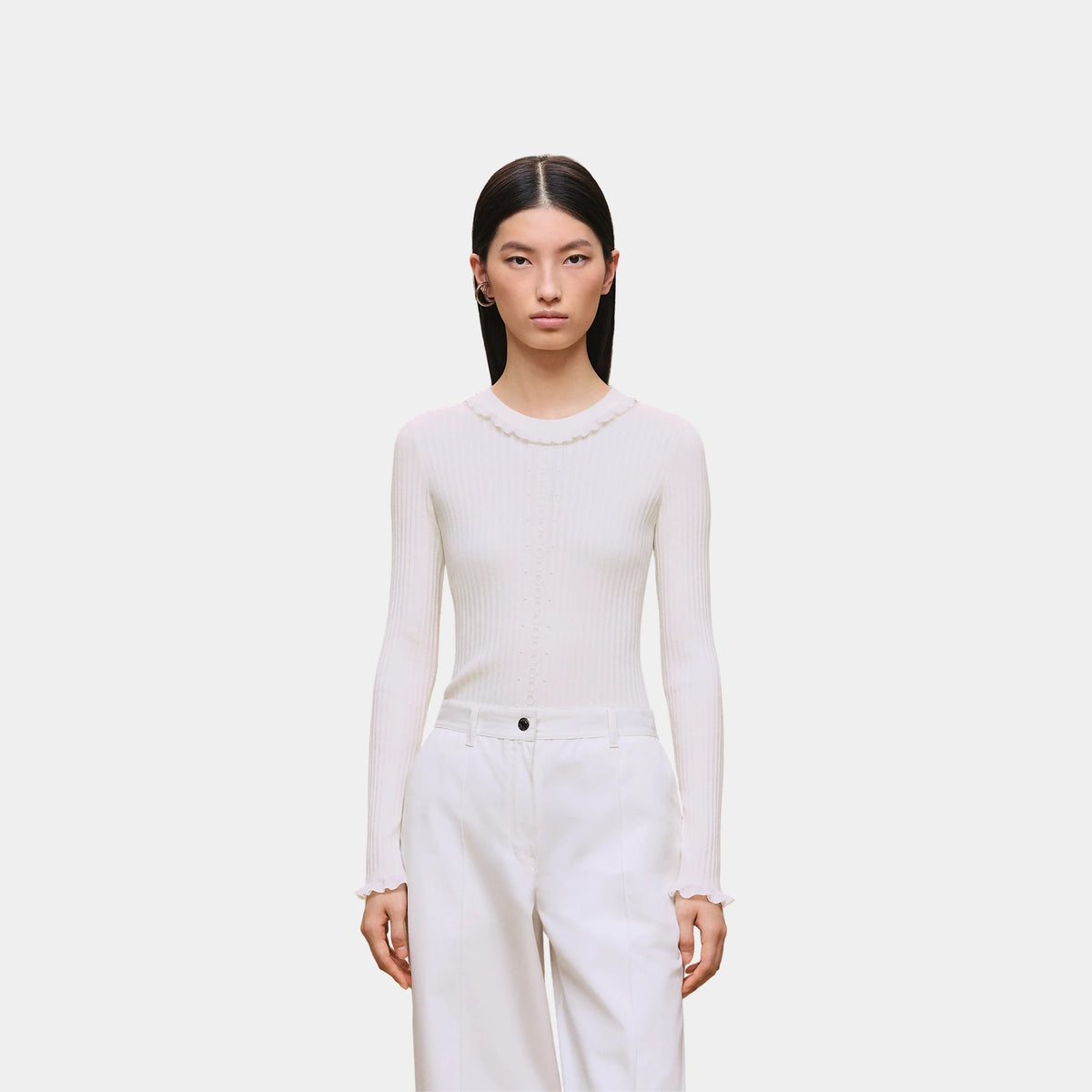 Long-sleeve Sweater in Silk and Cotton with Thin Cable Stitch