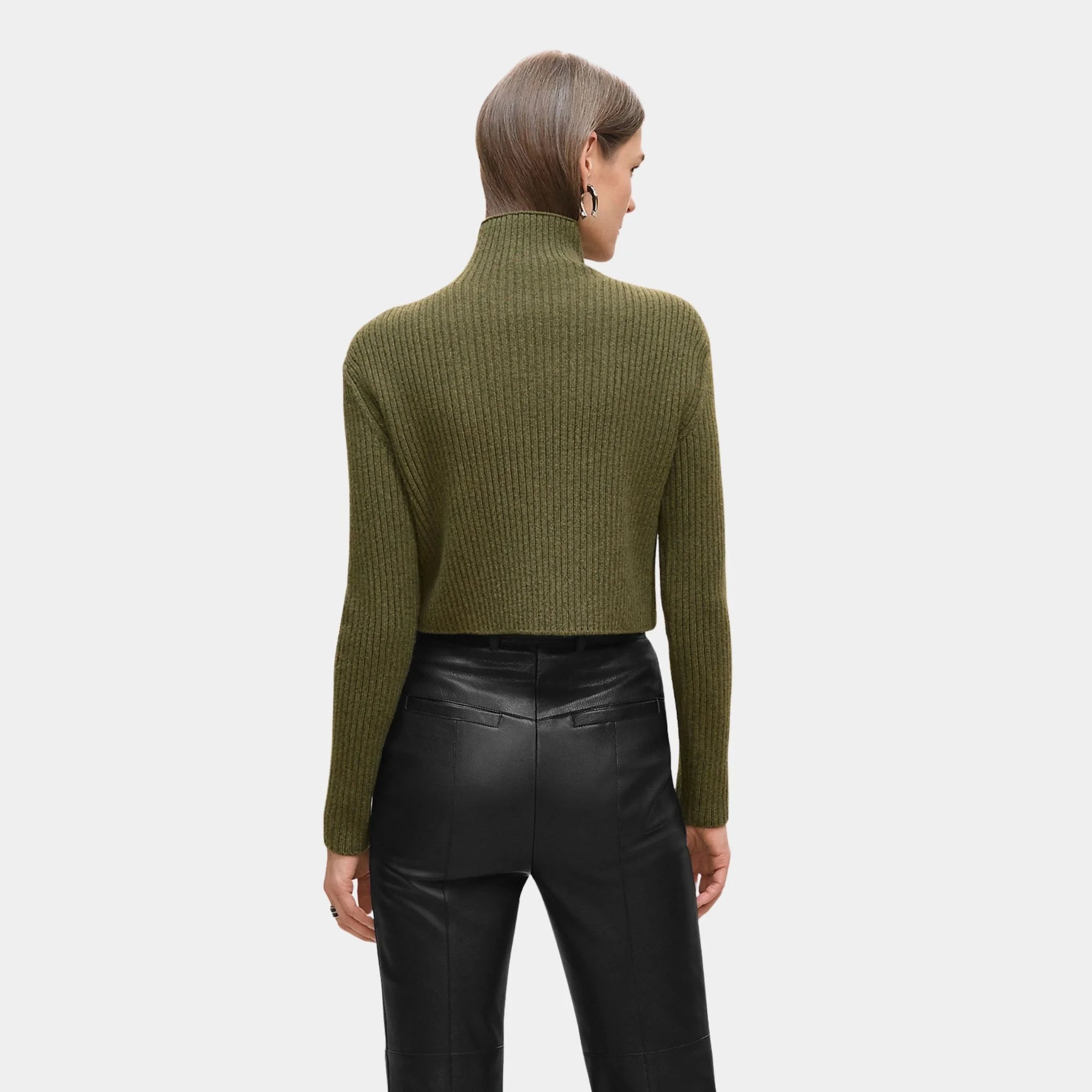 Hermes Long-sleeved Cropped Sweater in Scottish Wool, Khaki, Back