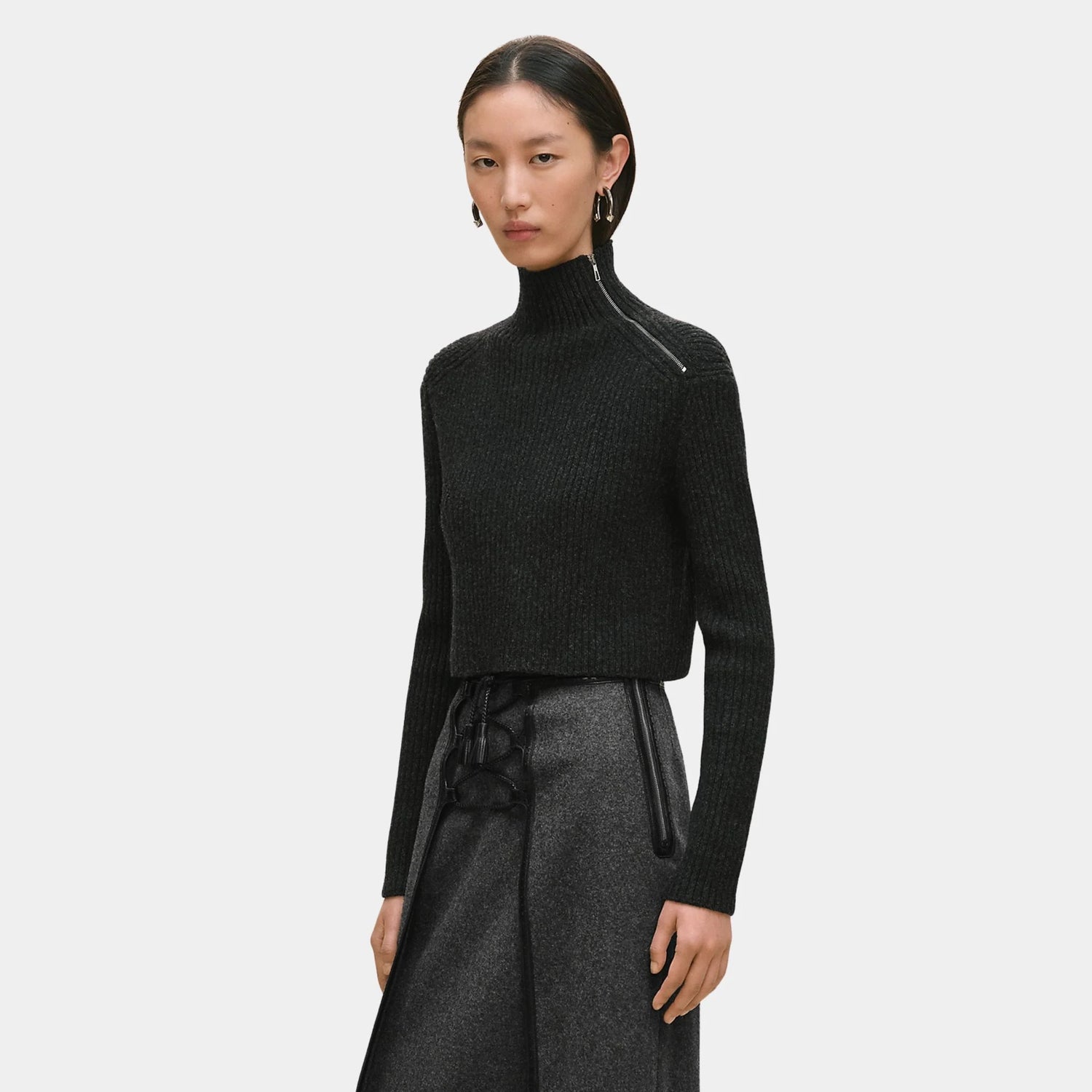 Hermes Long-sleeved Cropped Sweater in Scottish Wool, Khaki, Front