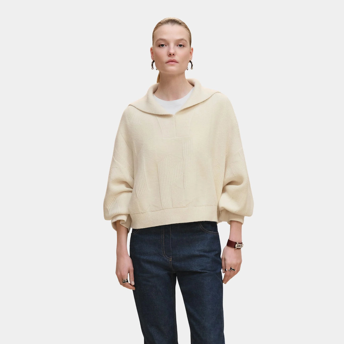 Hermes Long-sleeved H Pattern Sweater, Blanc Naturel, Front