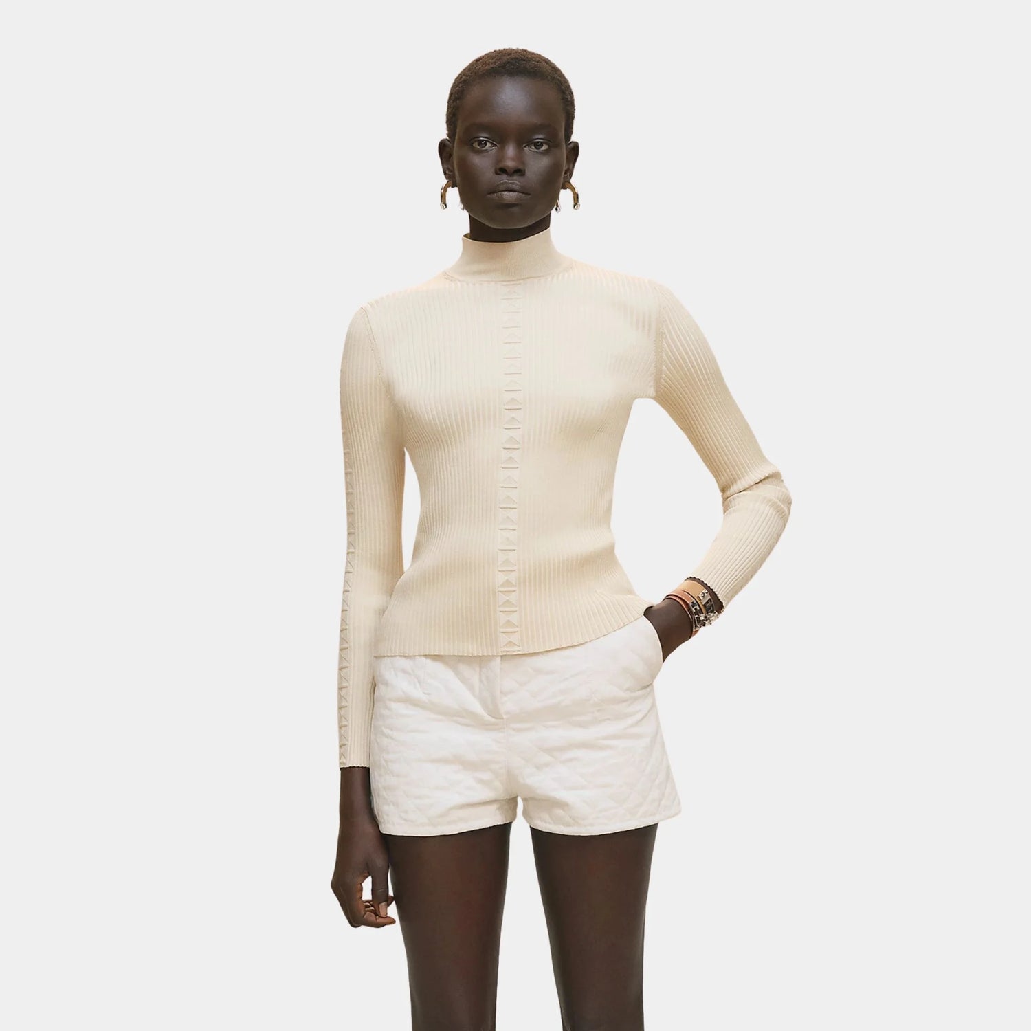 Hermes Long-sleeved Sweater in Shiny Silk Knit, Blanc Naturel, Front
