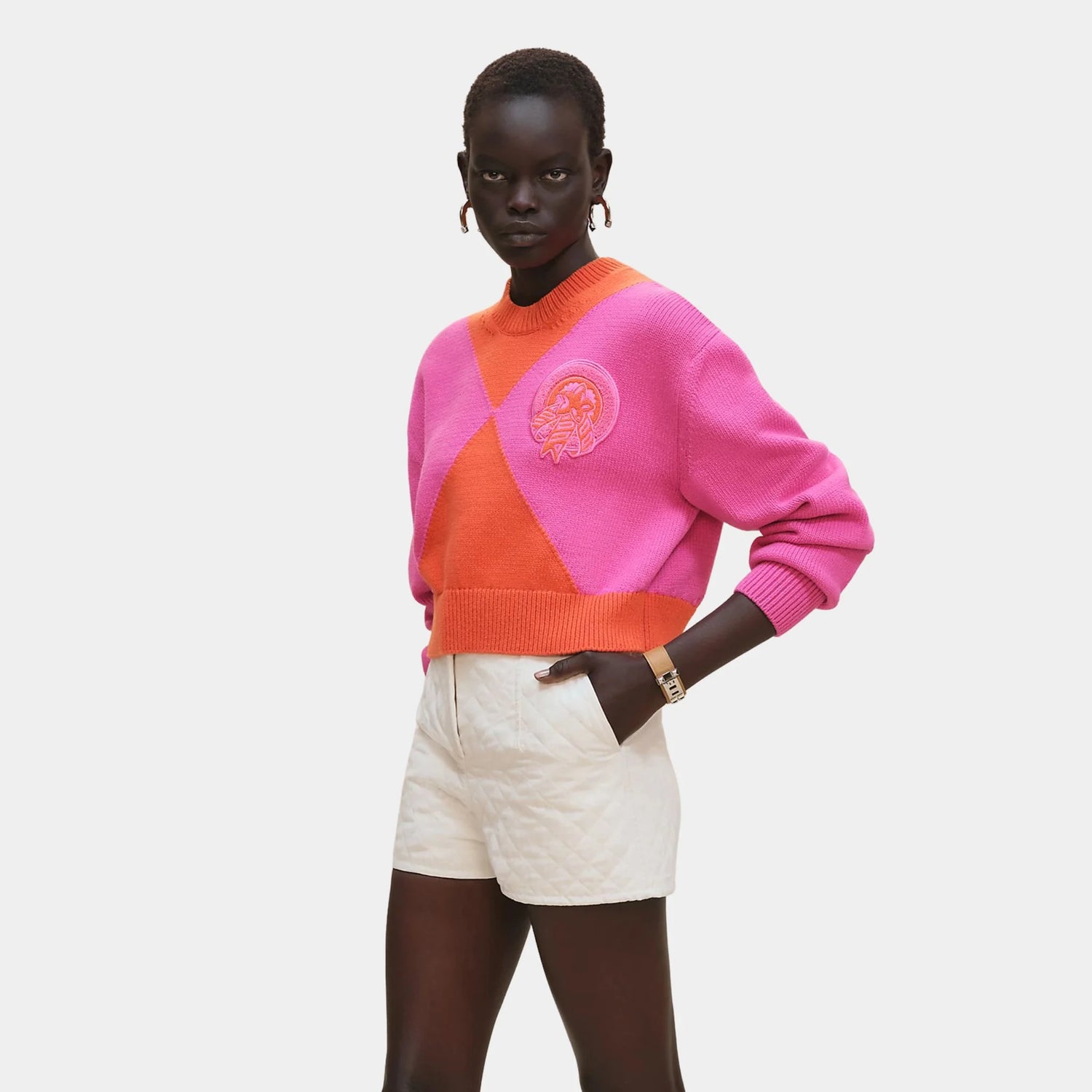 Hermes Long-sleeved Sweater in Thick Two-tone Cotton, Rose Sakura, Front