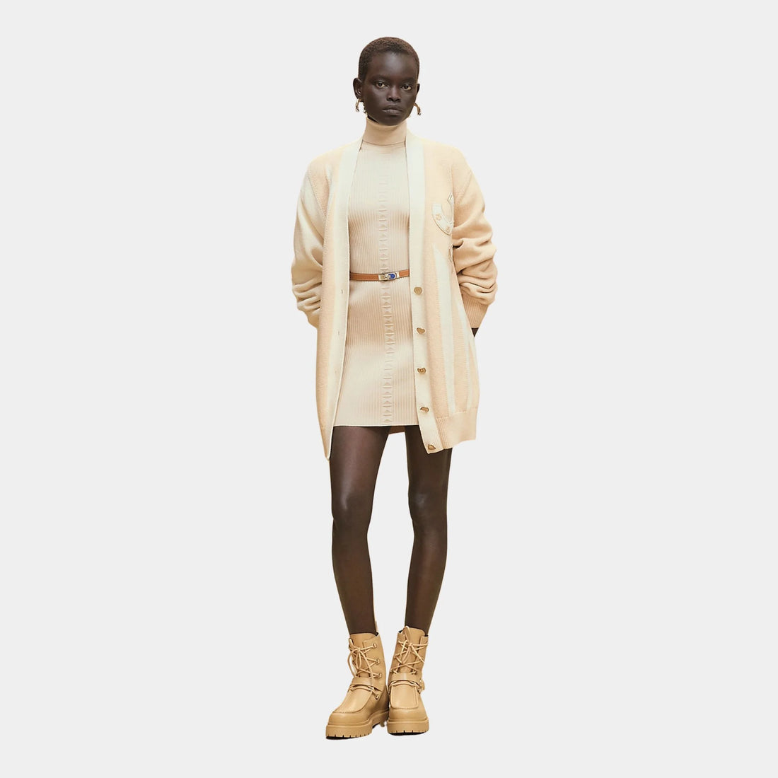 Hermes Long-sleeve Long Cardigan in Thick Bicolor Cotton, Blanc Naturel, Front, Unbuttoned