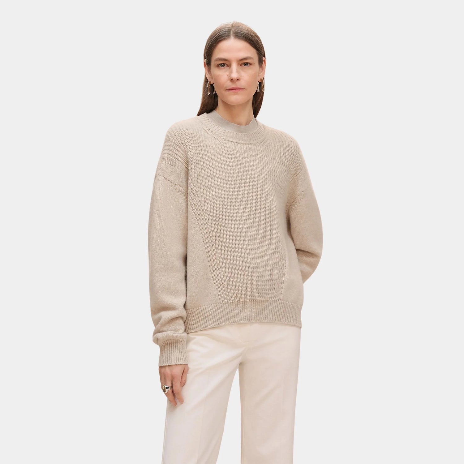 Hermes Long-sleeve Sweater in Plain Scottish Cashmere, Beige Naturel, Front