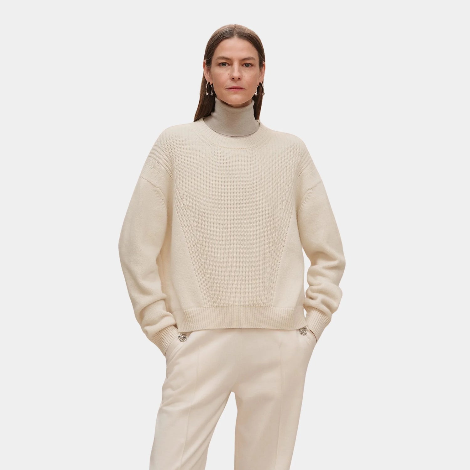 Hermes Long-sleeve Sweater in Plain Scottish Cashmere, Beige Naturel, Front