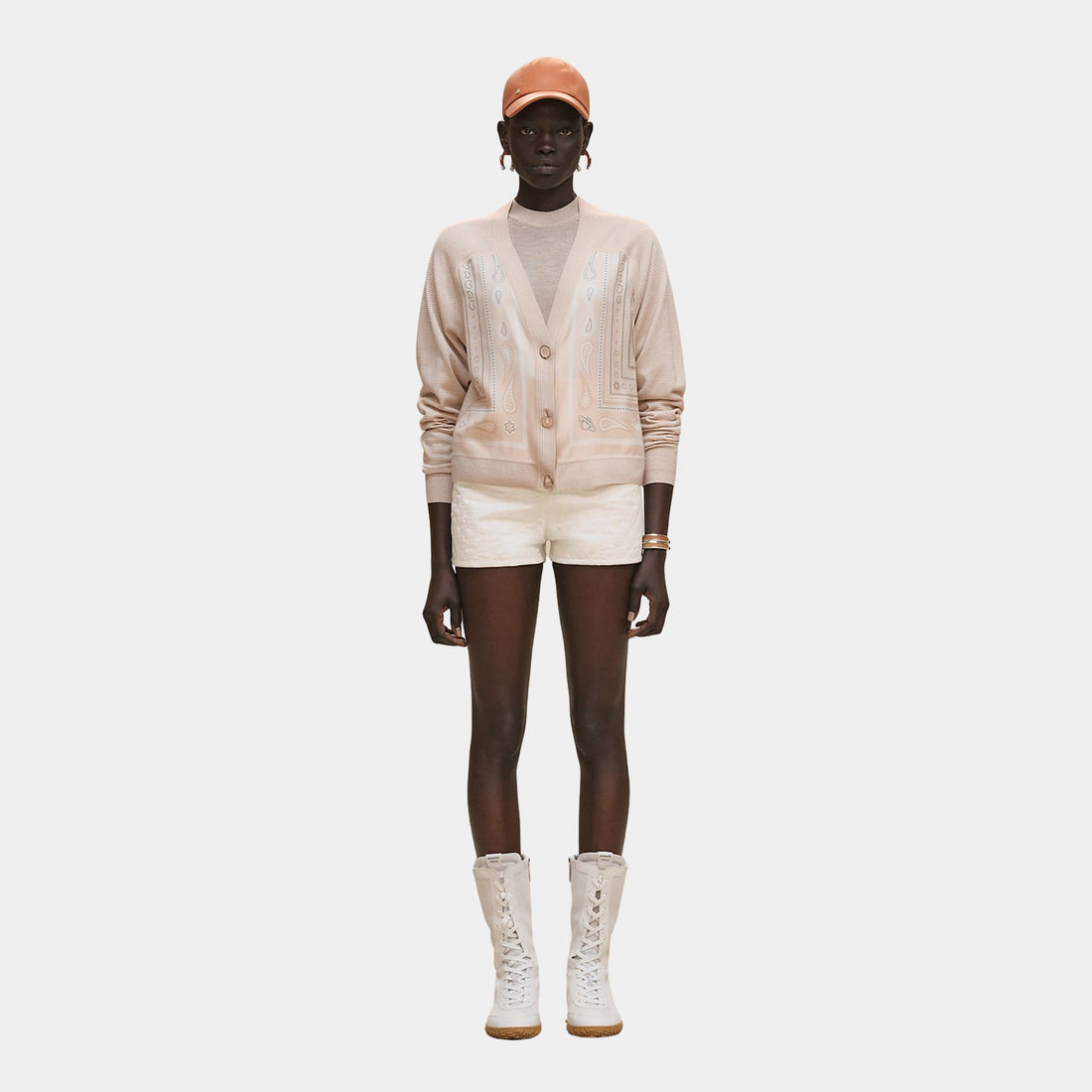 Hermes Long-sleeved Twillaine Cardigan with Candy Libris Print, Blanc Perle, Front