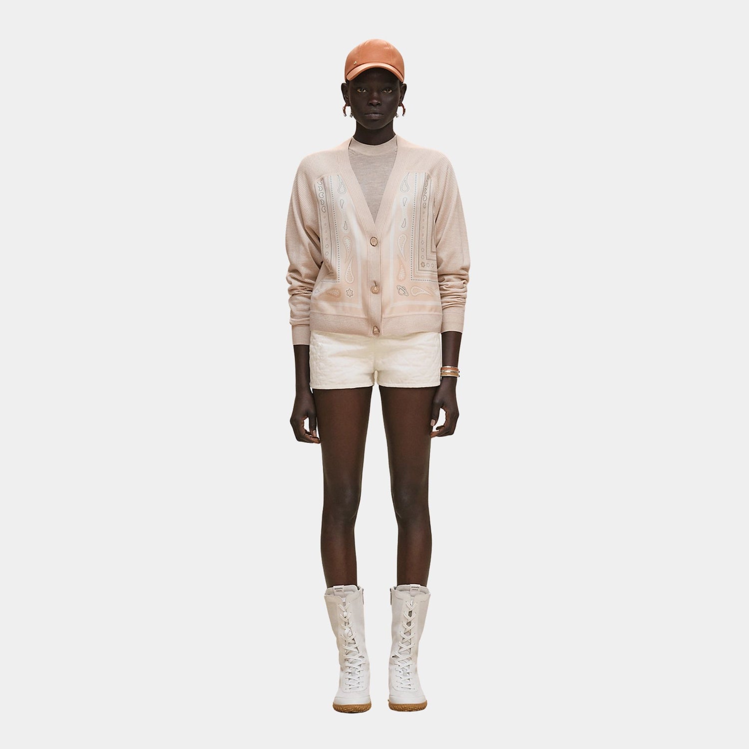 Hermes Long-sleeved Twillaine Cardigan with Candy Libris Print, Blanc Perle, Front