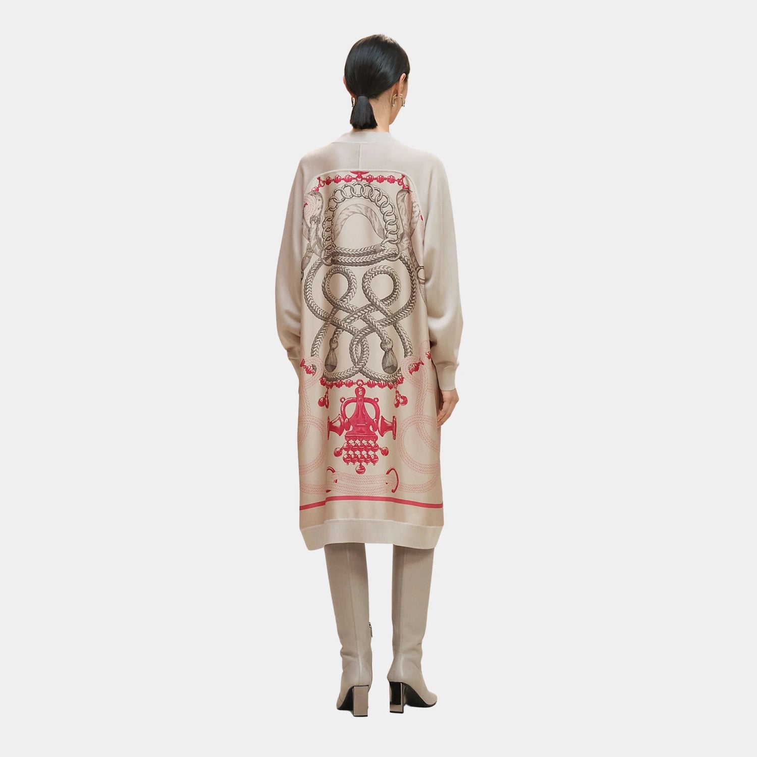 Hermes Long-sleeved Twillaine Cardigan with Palefroi Remix Print, Beige Avoine, Back