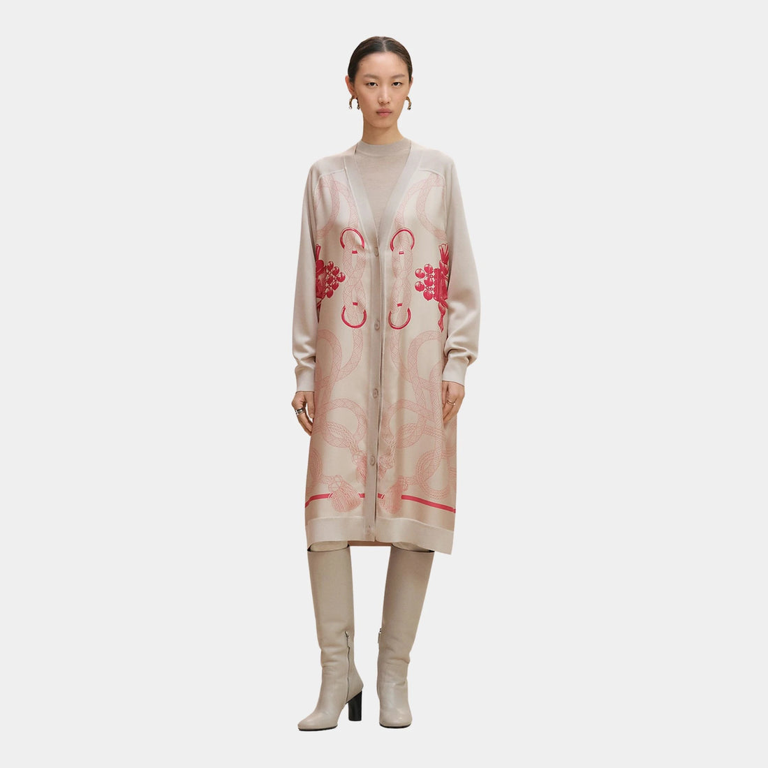 Hermes Long-sleeved Twillaine Cardigan with Palefroi Remix Print, Beige Avoine, Front