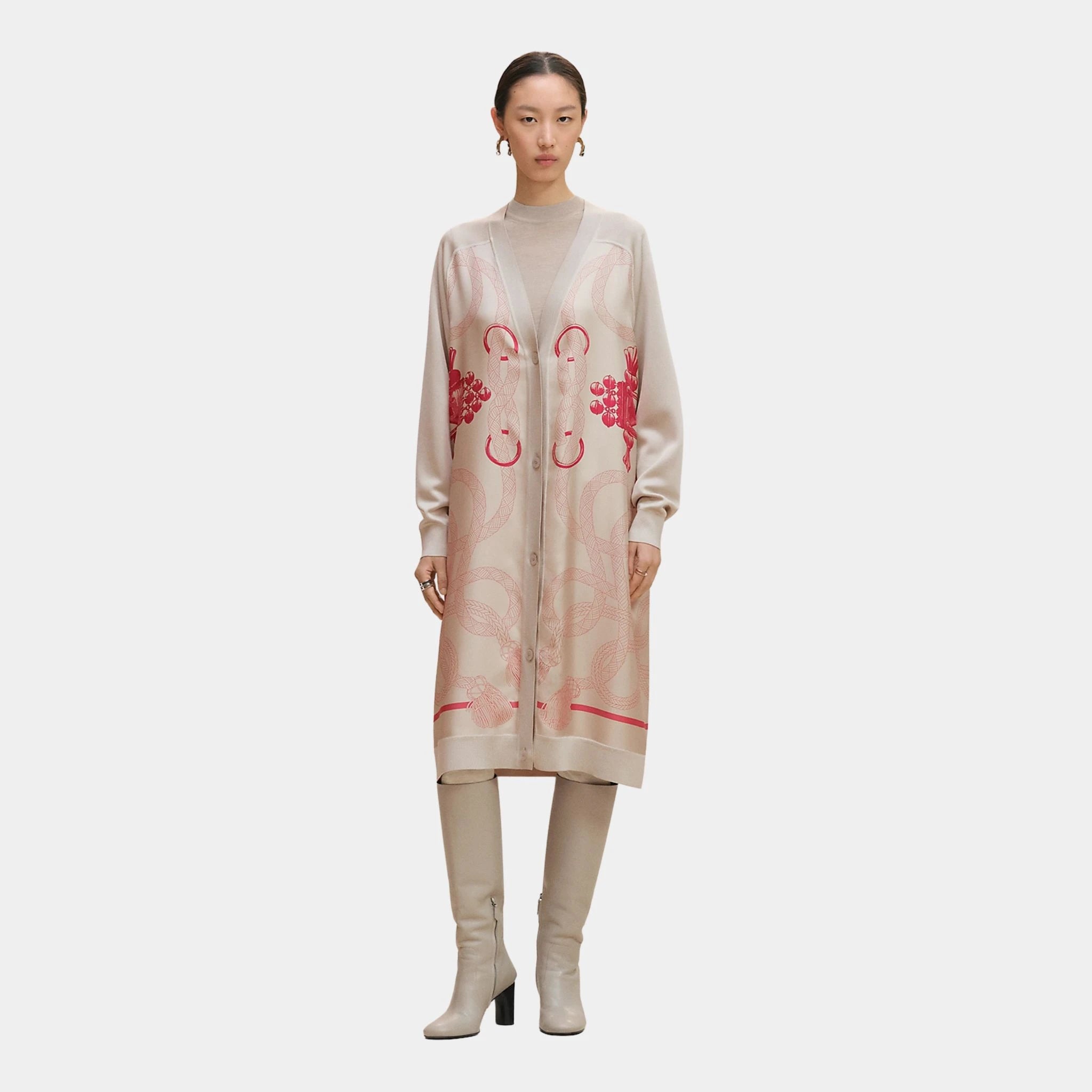 Hermes Long-sleeved Twillaine Cardigan with Palefroi Remix Print, Beige Avoine, Front