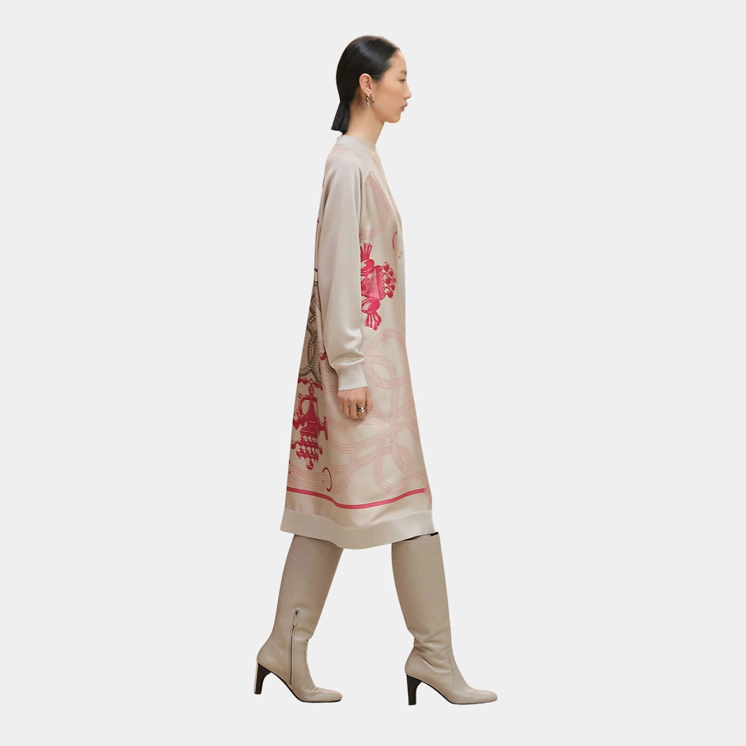 Hermes Long-sleeved Twillaine Cardigan with Palefroi Remix Print, Beige Avoine, Side