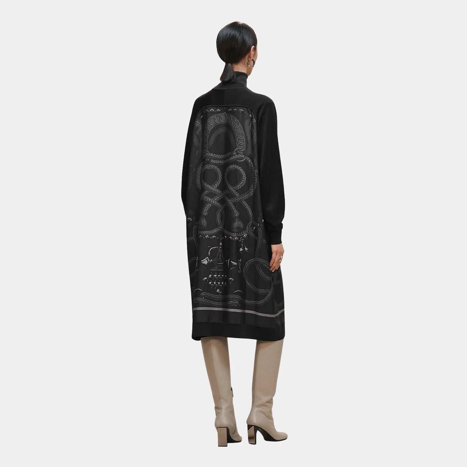 Hermes Long-sleeved Twillaine Cardigan with Palefroi Remix Print, Gris Charbon, Back