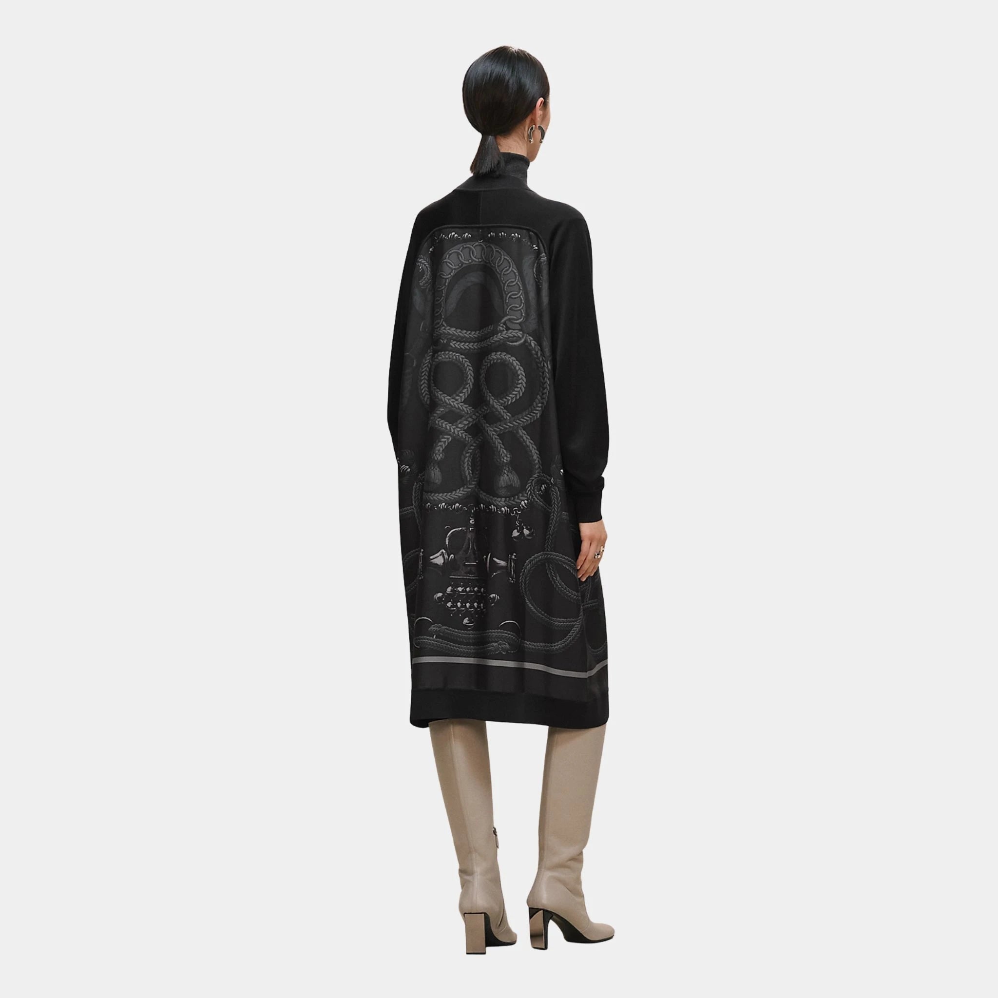Hermes Long-sleeved Twillaine Cardigan with Palefroi Remix Print, Gris Charbon, Back