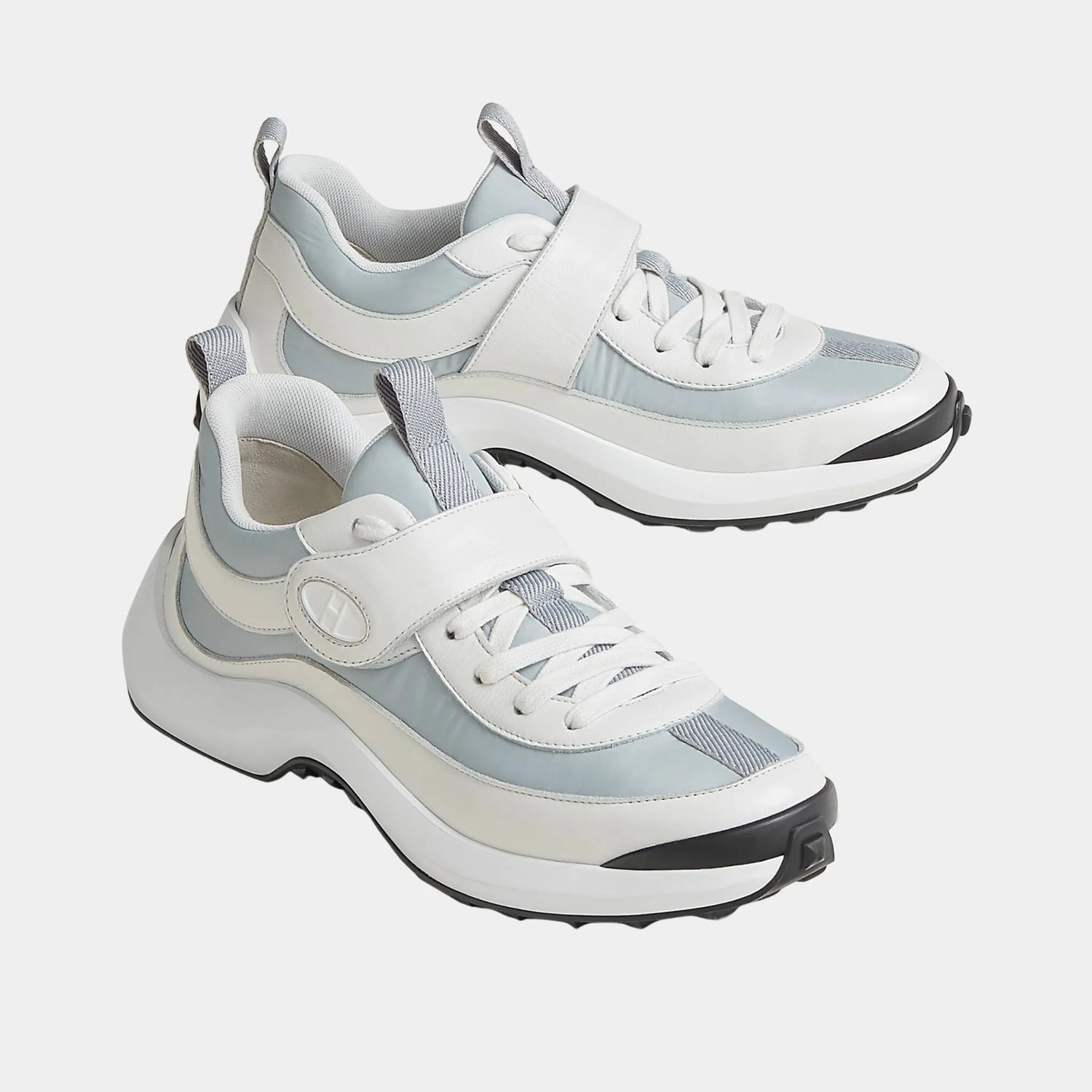 Hermes Loop Sneakers in Parachute Fabric and Calfskin, Bleu Mer, Front