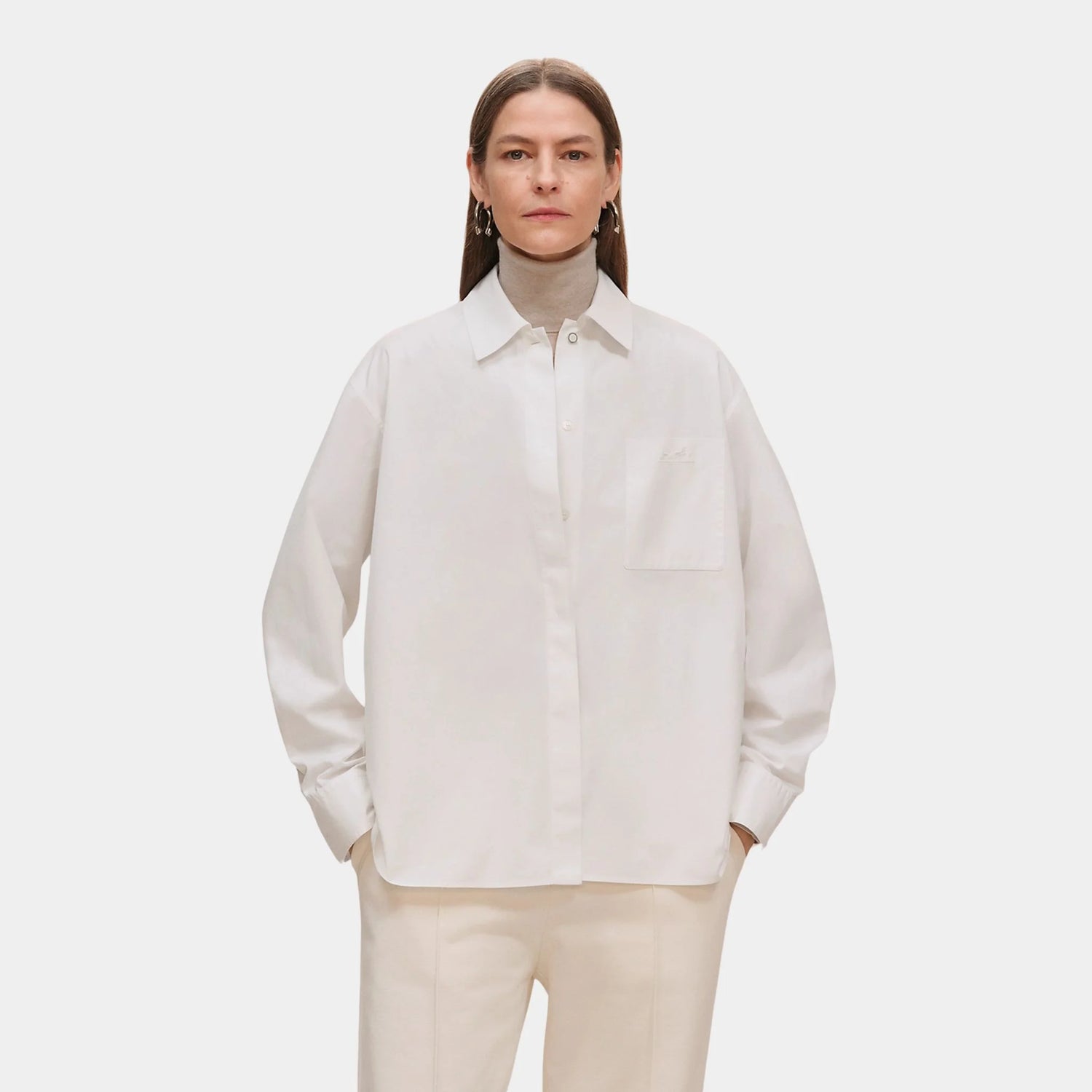 Hermes Loose-fitting Cotton Twill Shirt, Blanc, Front