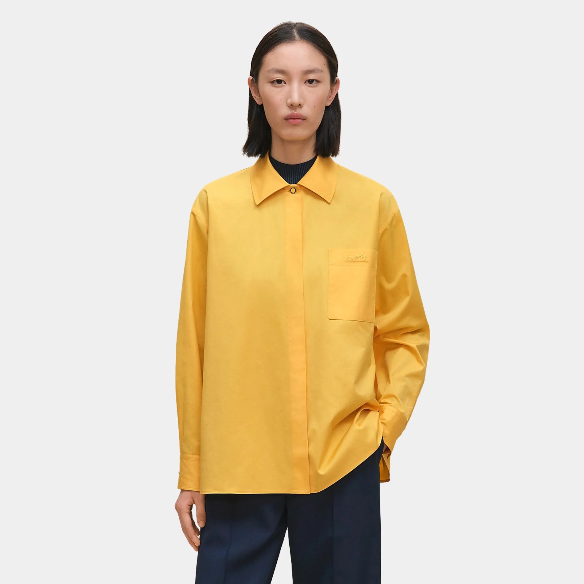 Hermes Loose-fitting Cotton Twill Shirt, Jaune Mimosa, Front