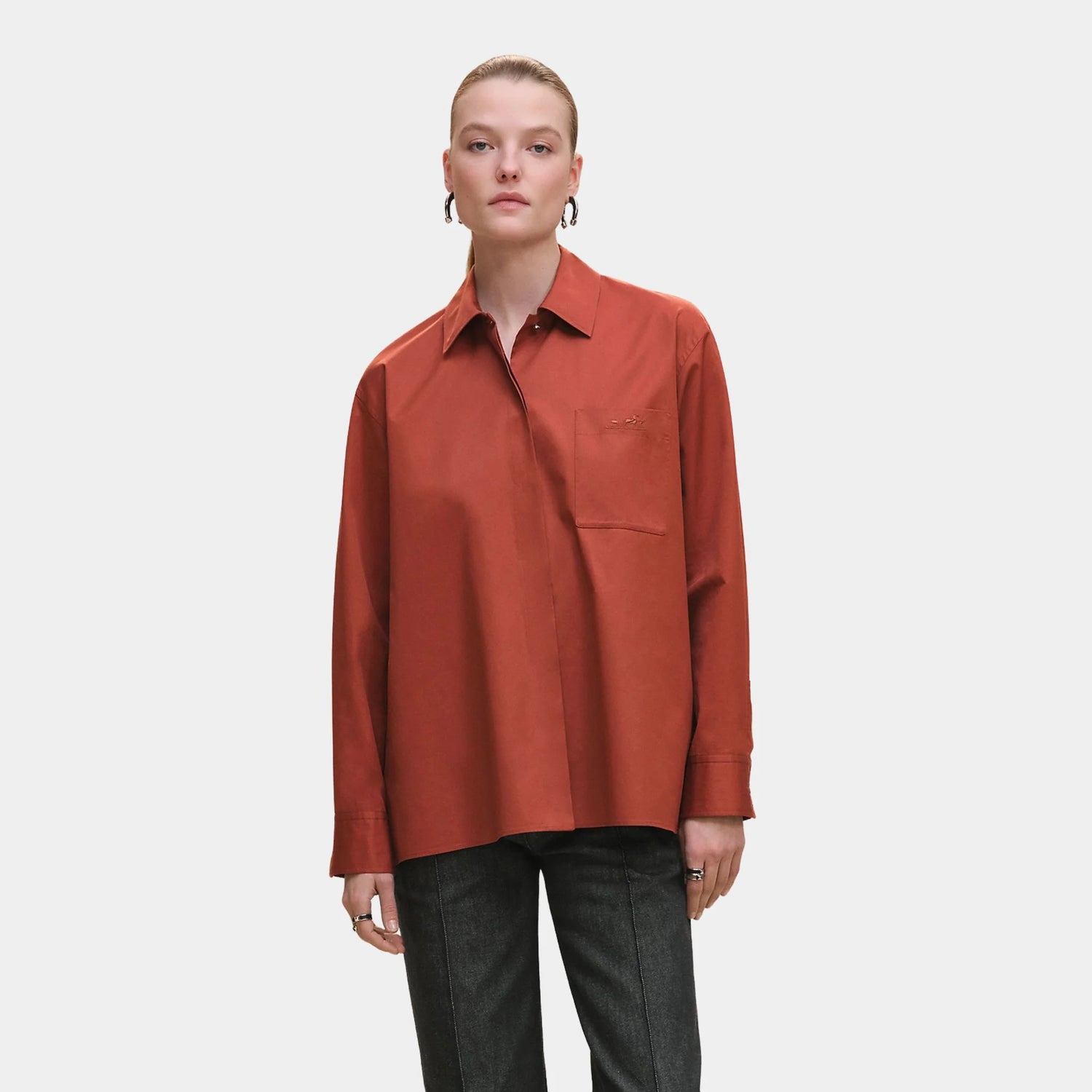 Hermes Loose-fitting Cotton Twill Shirt, Rouge Sepia, Front