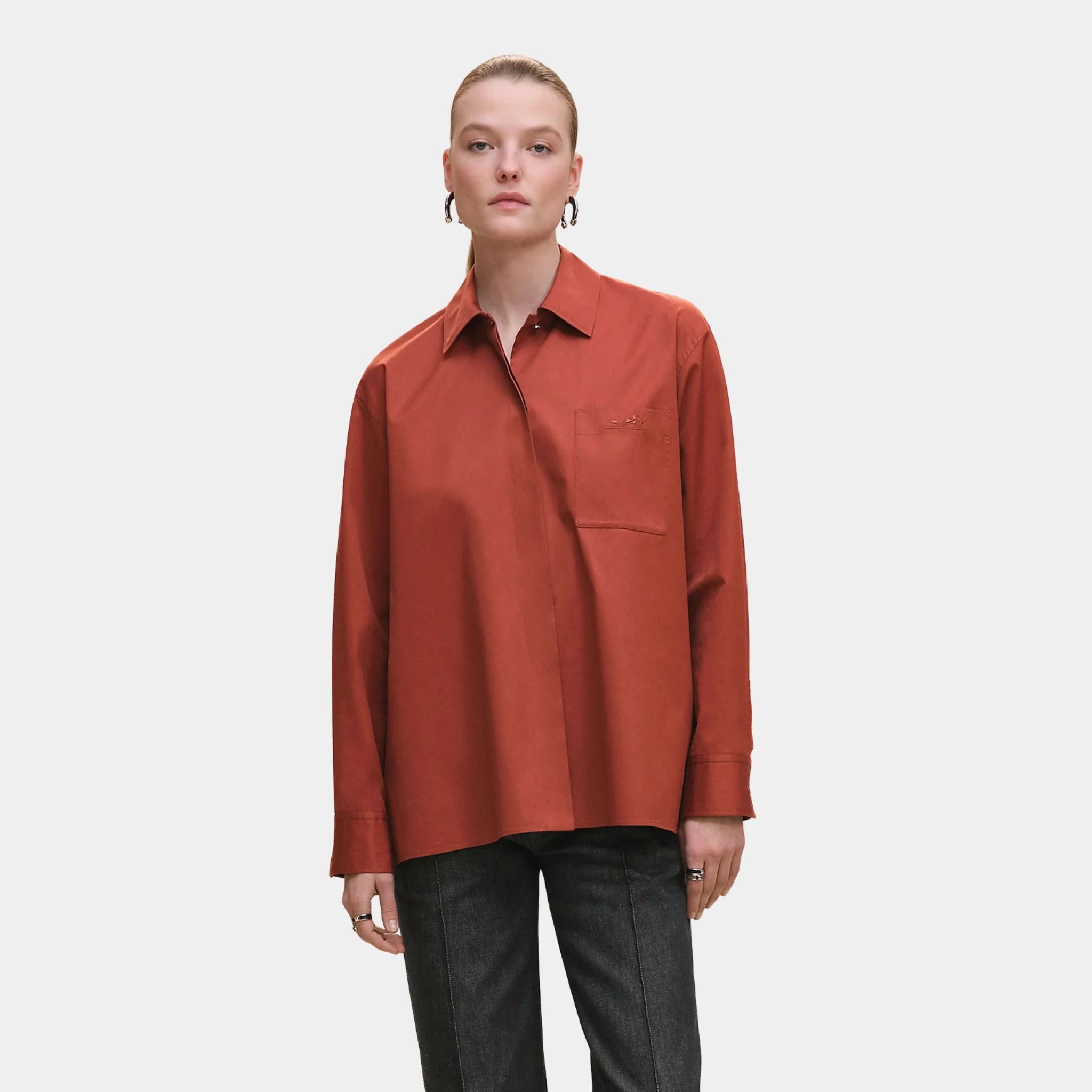 Hermes Loose-fitting Cotton Twill Shirt, Rouge Sepia, Front