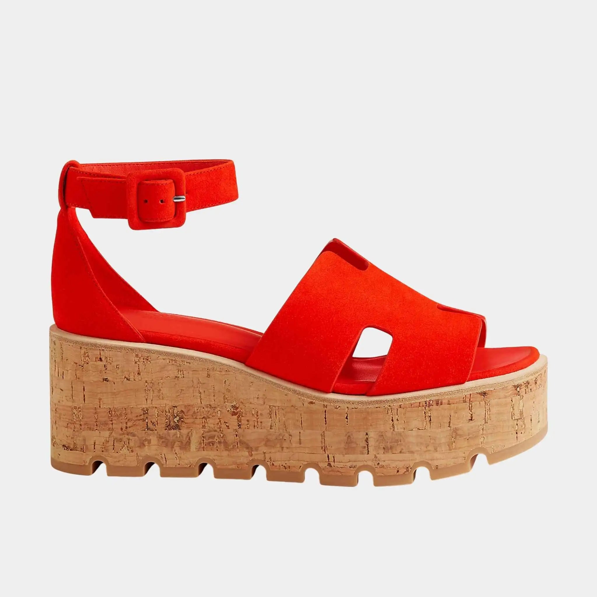 Hermes Luce 30 Sandals in Suede Goatskin, Rouge Grenadine, Side