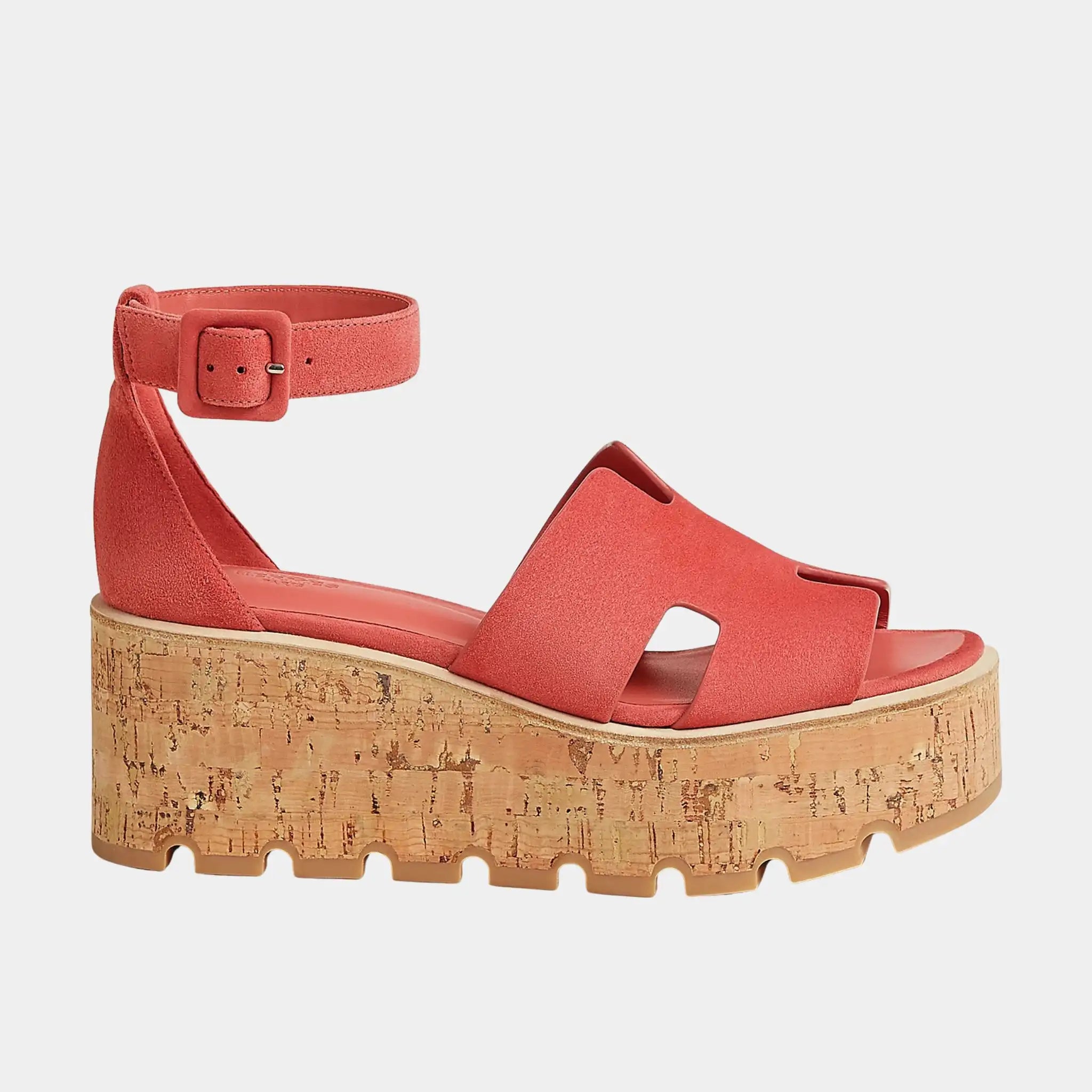 Hermes Luce 30 Sandals in Suede Goatskin, Rouge Tomette, Side