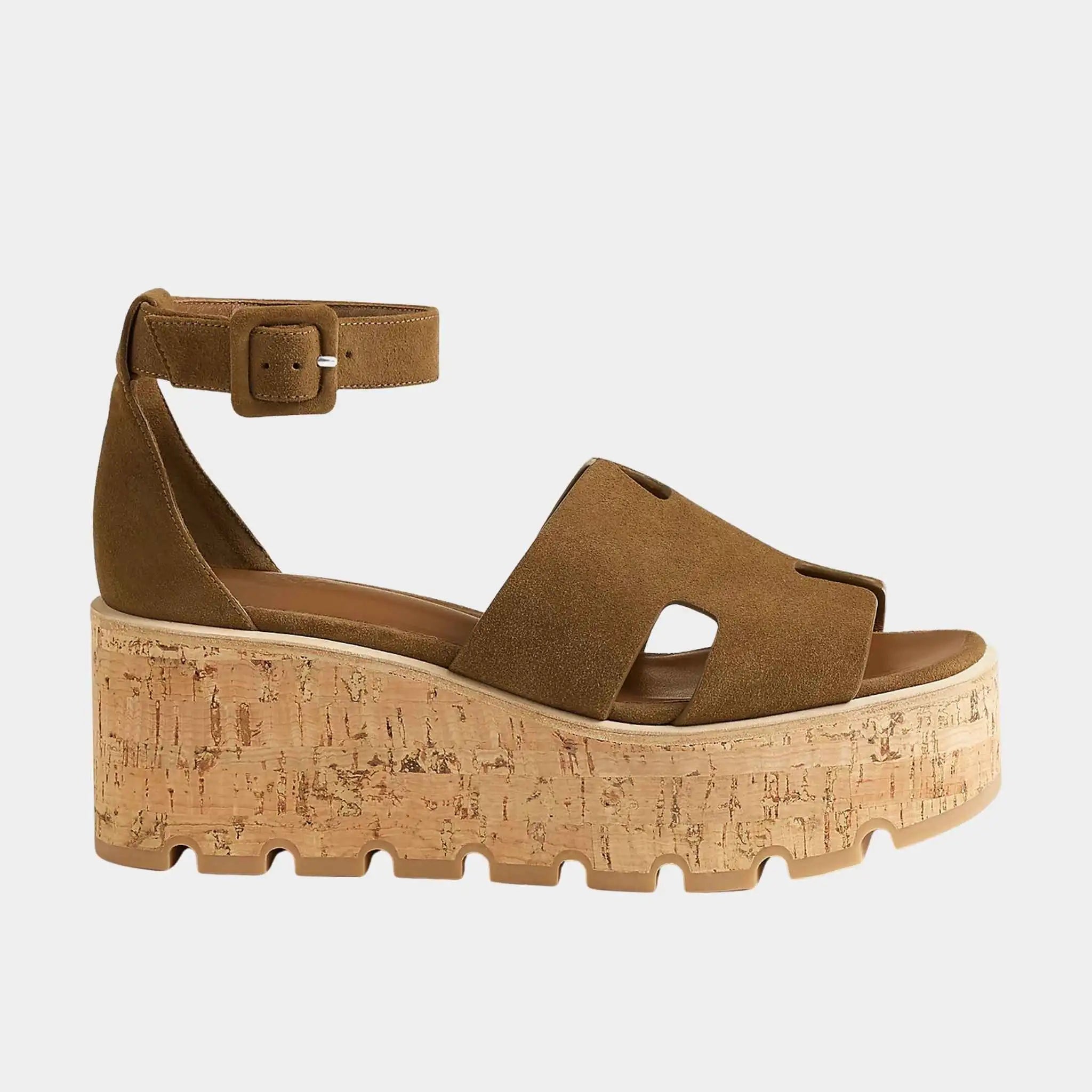 Hermes Luce 30 Sandals in Suede Goatskin, Terre Ambree, Side