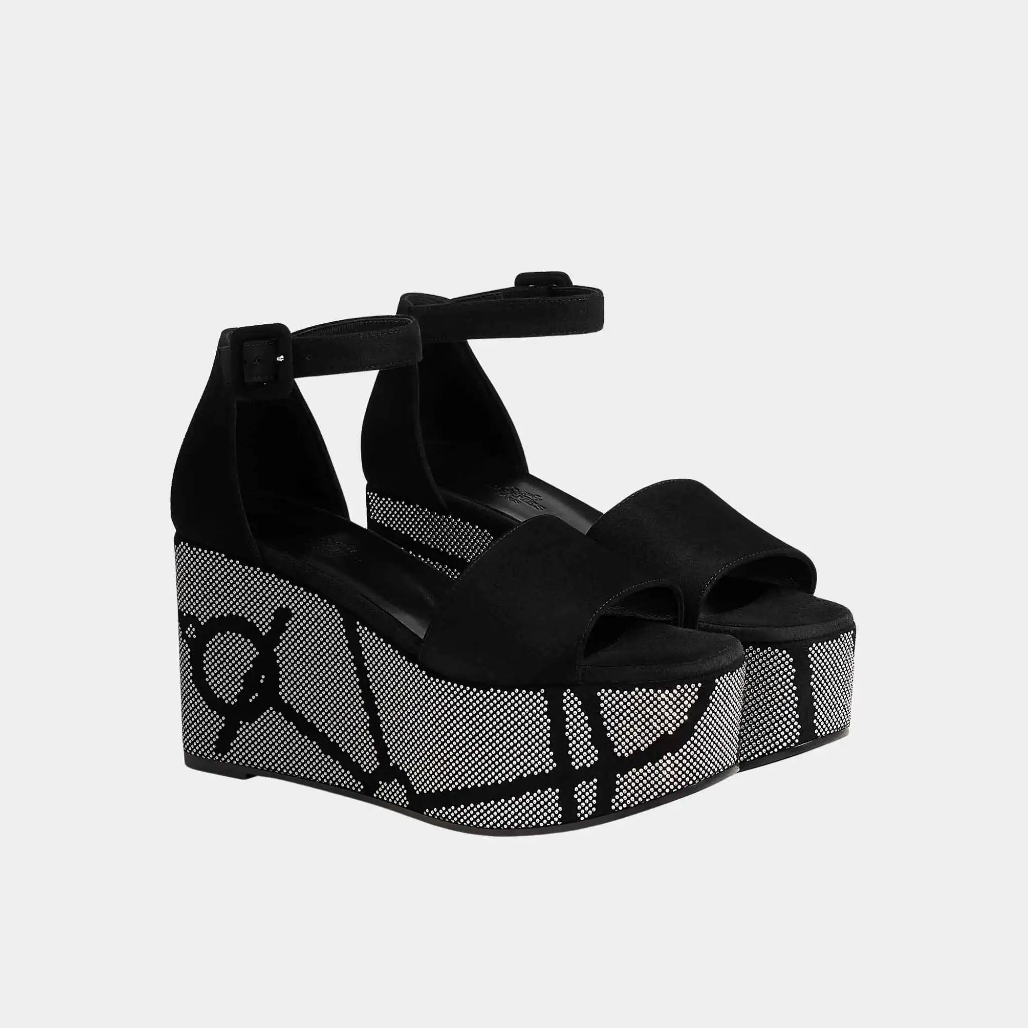 Hermes Luminous 35 Platform Sandals in Suede Goatskin, Noir, Crystal, Front