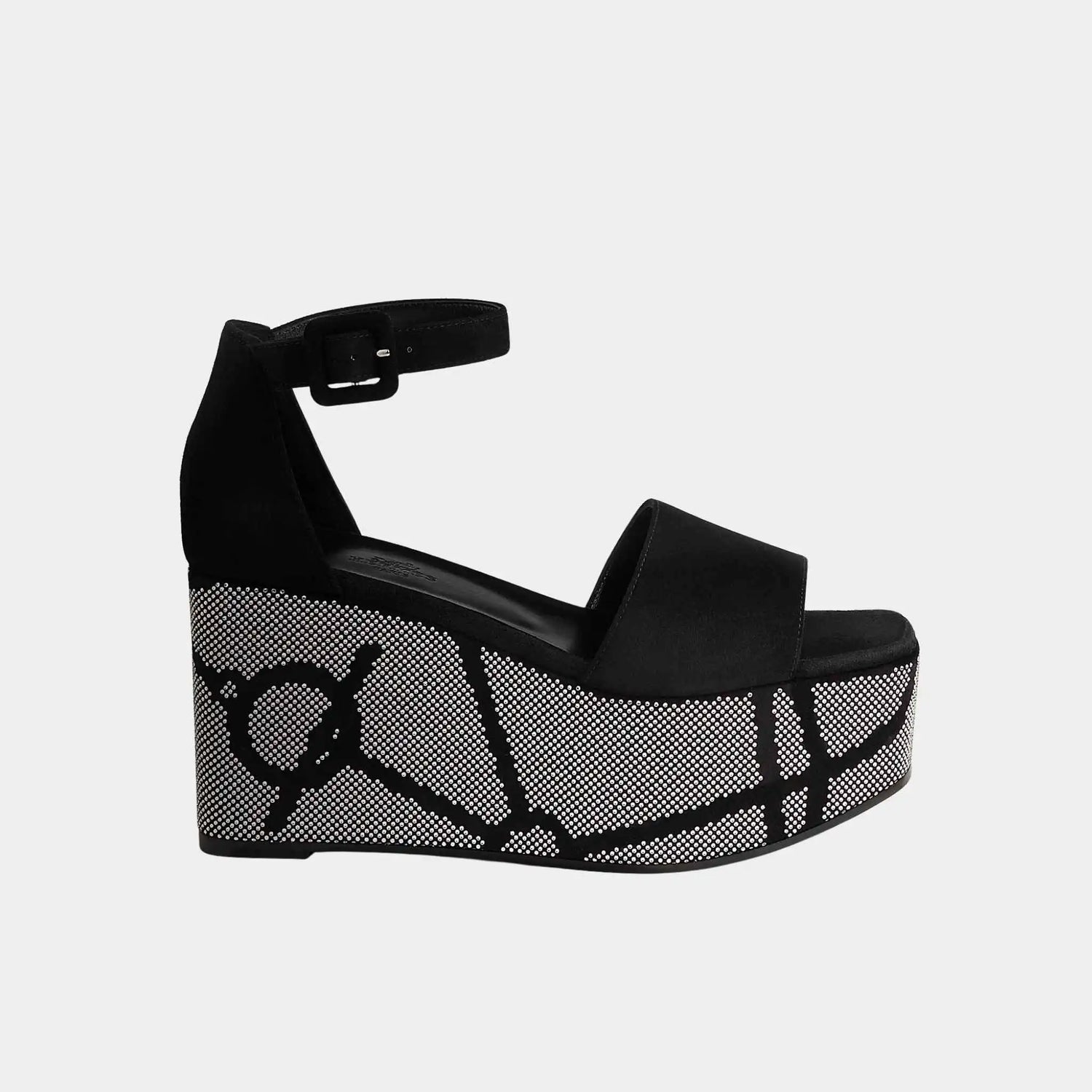 Hermes Luminous 35 Platform Sandals in Suede Goatskin, Noir, Crystal, Side