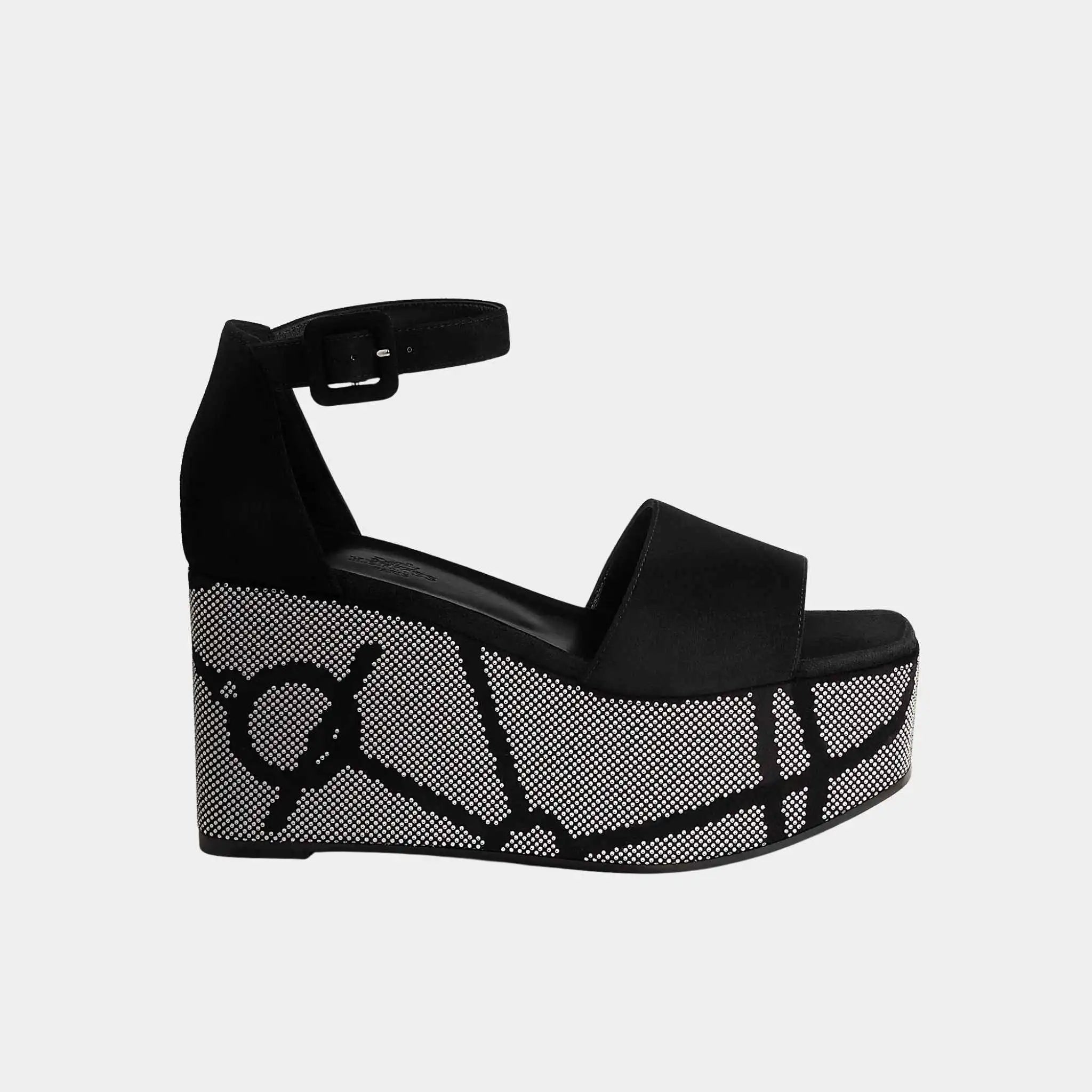 Hermes Luminous 35 Platform Sandals in Suede Goatskin, Noir, Crystal, Side