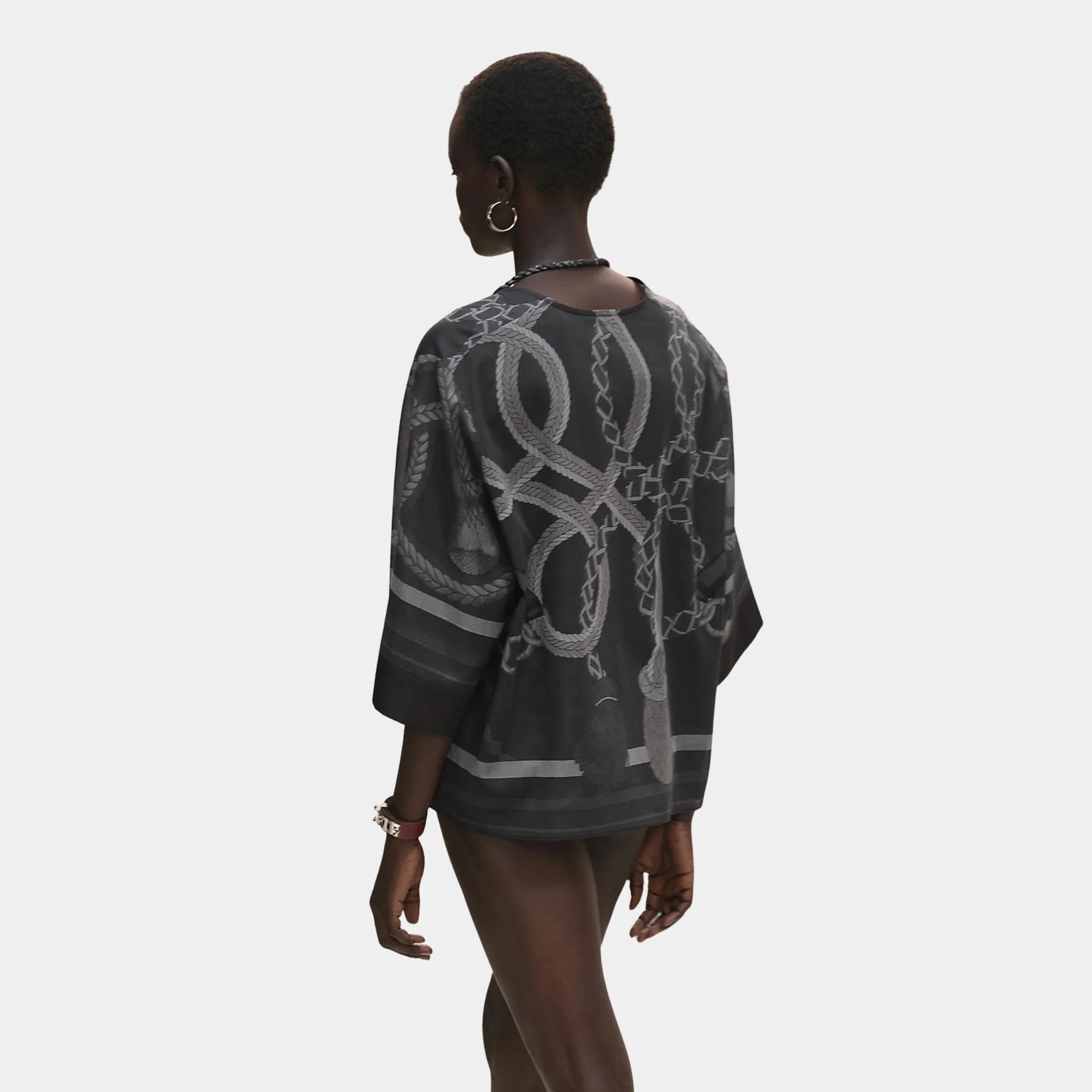 Hermes Maxi Beach Blouse with Palefroi Remix Print, Gris Charbon, Back