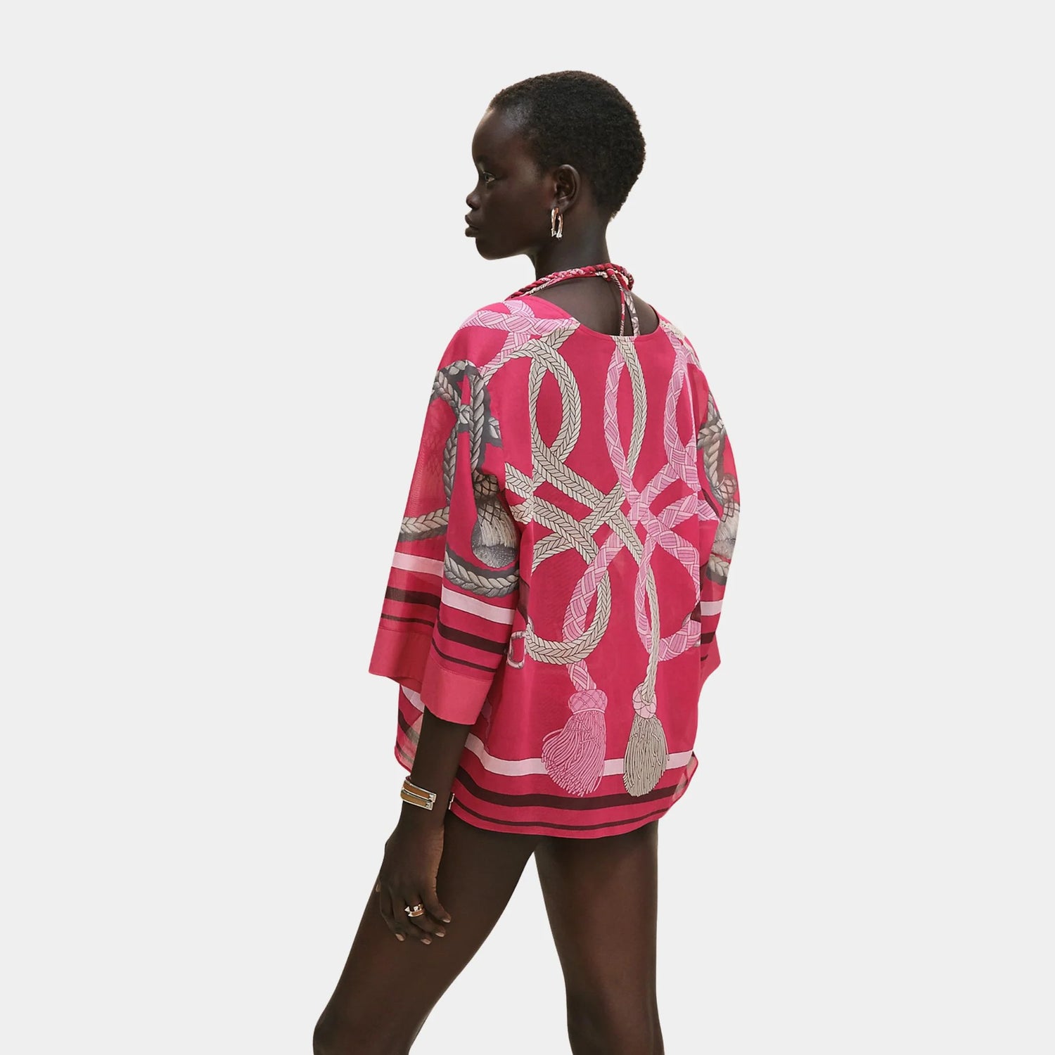 Hermes Maxi Beach Blouse with Palefroi Remix Print, Rose Framboise, Back