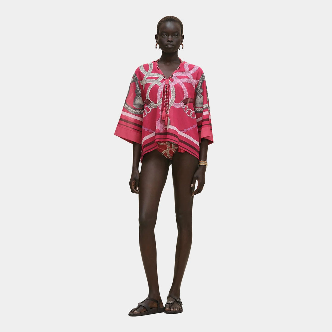 Hermes Maxi Beach Blouse with Palefroi Remix Print, Rose Framboise, Front