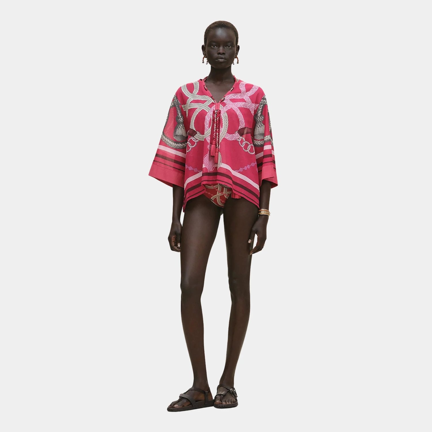 Hermes Maxi Beach Blouse with Palefroi Remix Print, Rose Framboise, Front