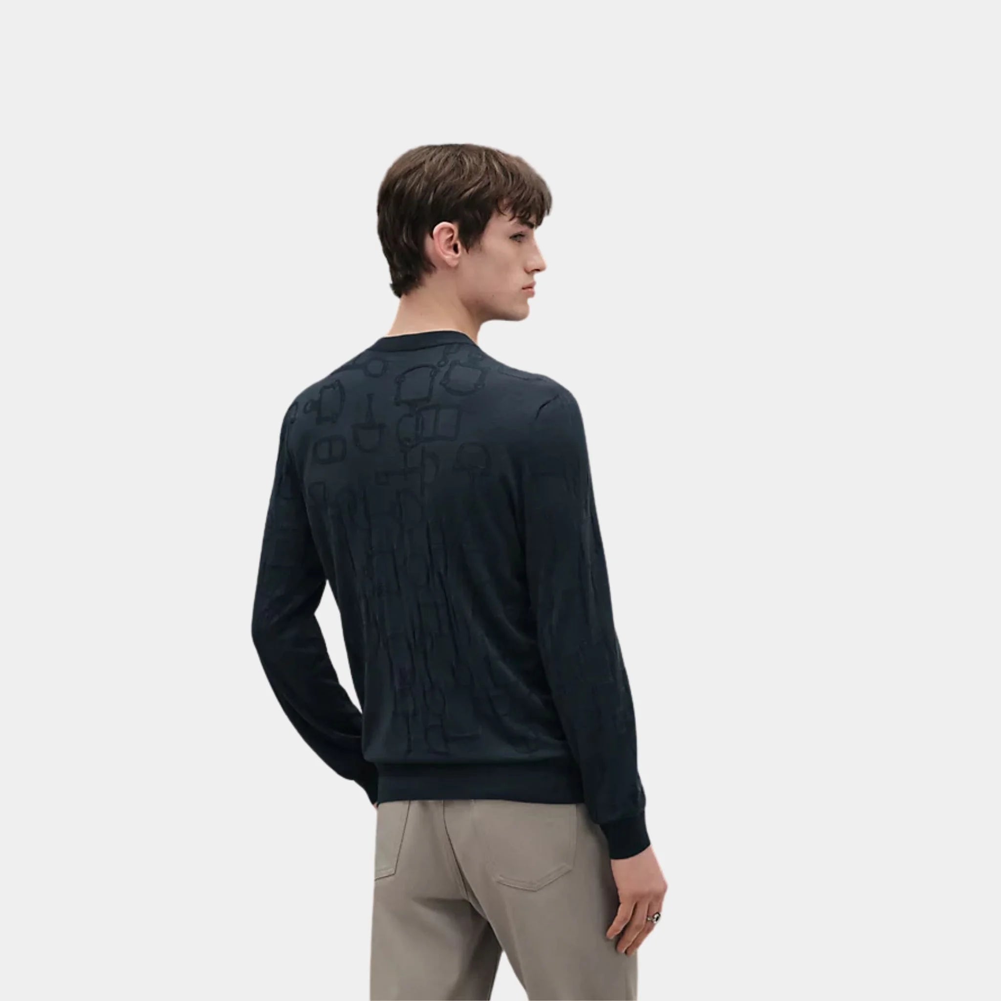 Hermes Méli-Mors Intégrale Round Neck Sweater, Ardoise, Back
