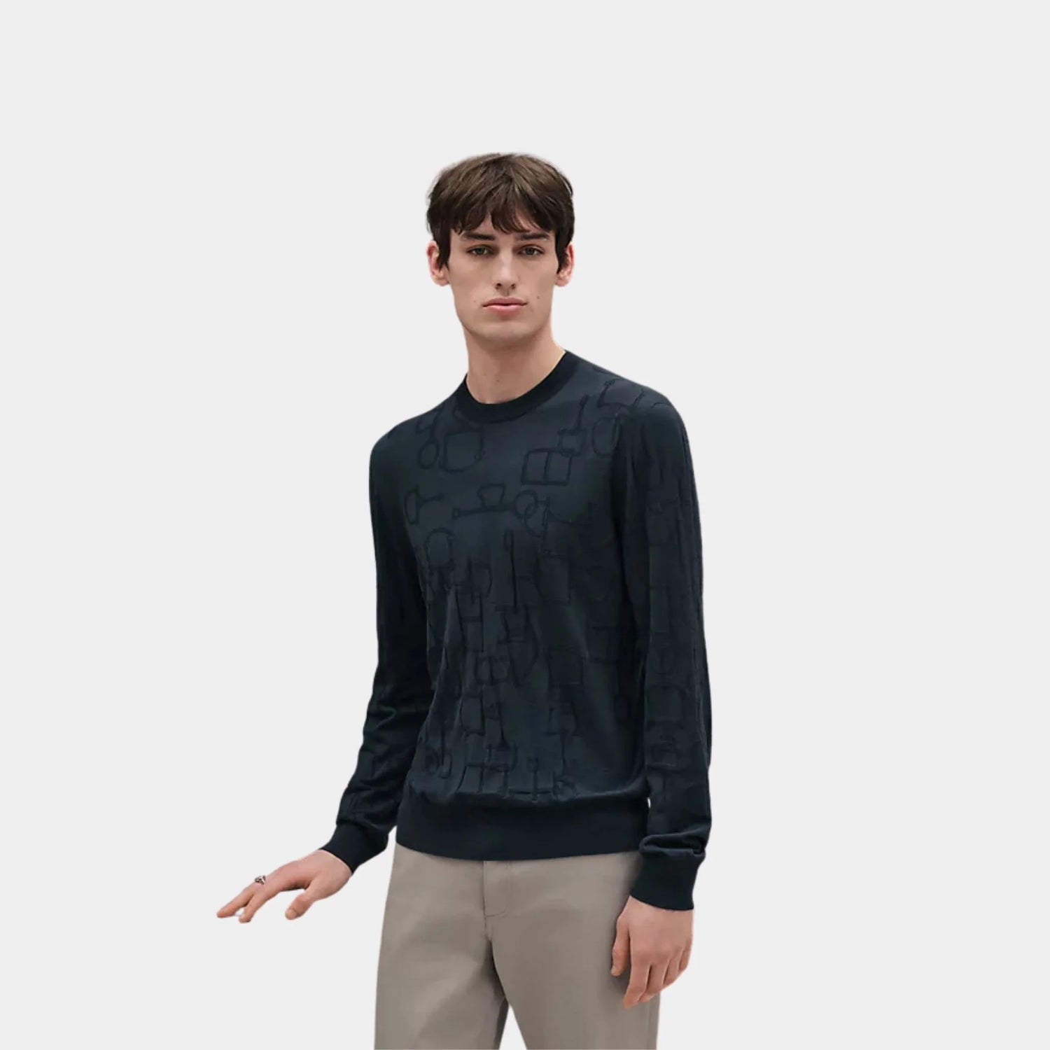 Hermes Méli-Mors Intégrale Round Neck Sweater, Ardoise, Front