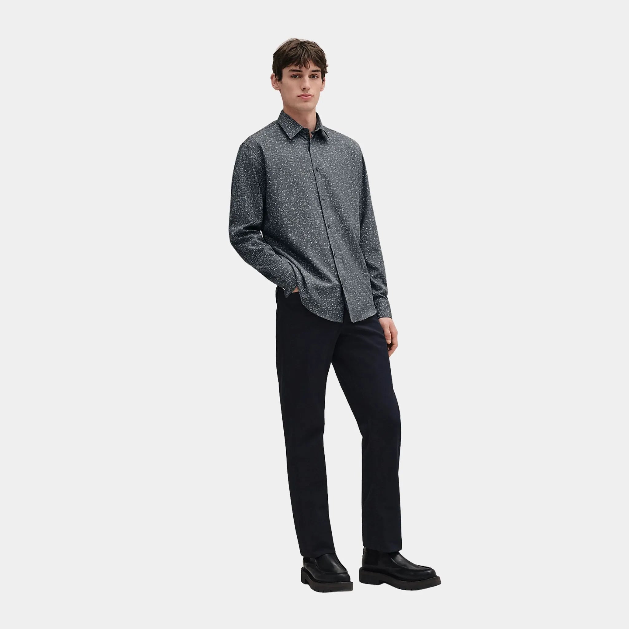 Hermes Meli-Mors Straight-body Shirt in Silk and Cotton, Ardoise, Front