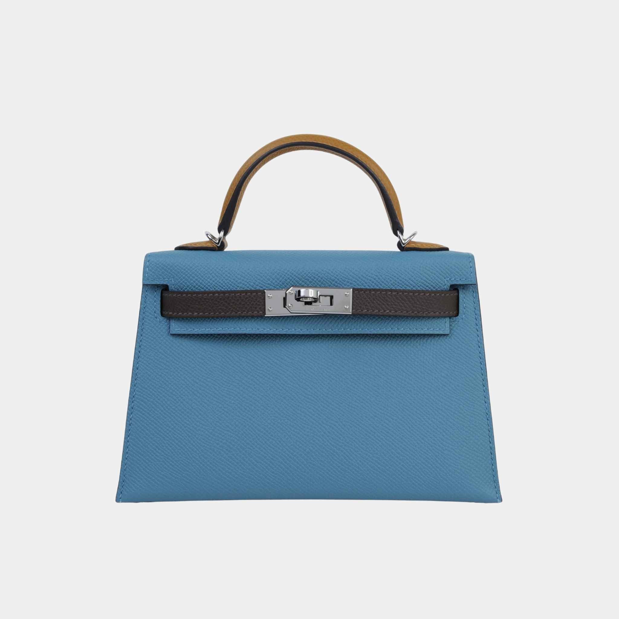 Hermes Mini Kelly II Epsom New Bleu Jean/Ecorce/Natural Sable PHW, Front