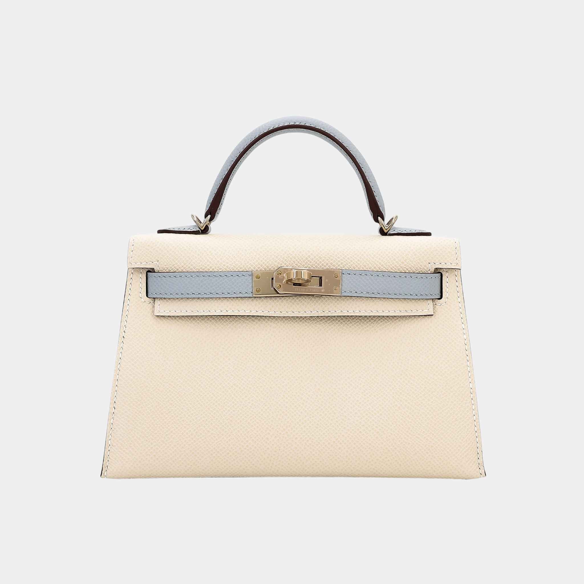 Hermes Mini Kelly II HSS Epsom Craie/Bleu Glacier PBHW, Front