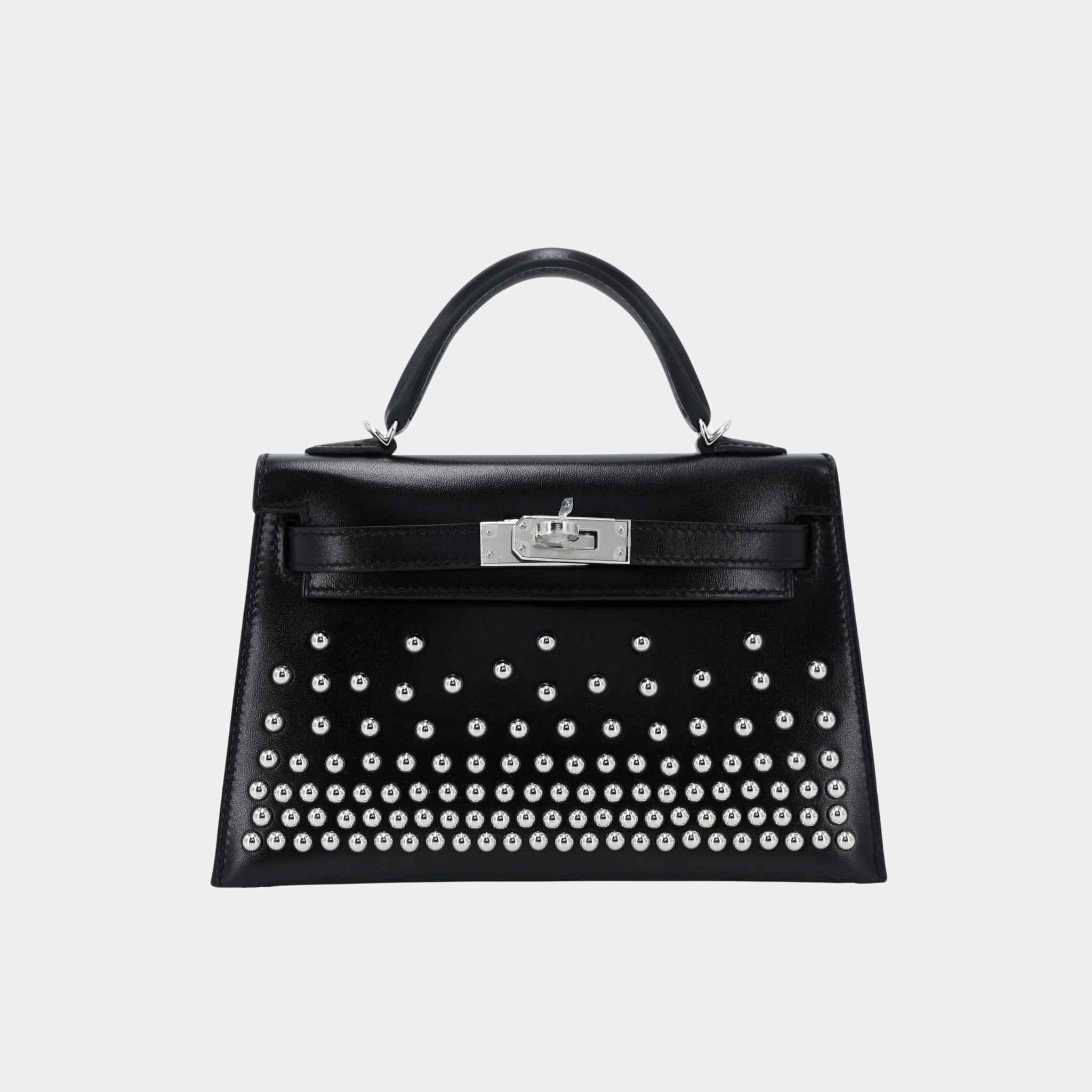 Hermes Mini Kelly II Limited Edition Cloute Studded Box-Calf Black PHW, Front